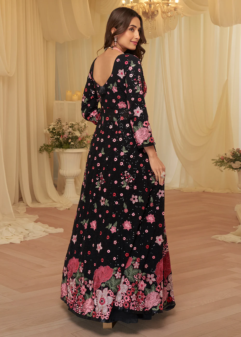 Front Slit Black Lehenga Skirt Anarkali Suit - Image 3