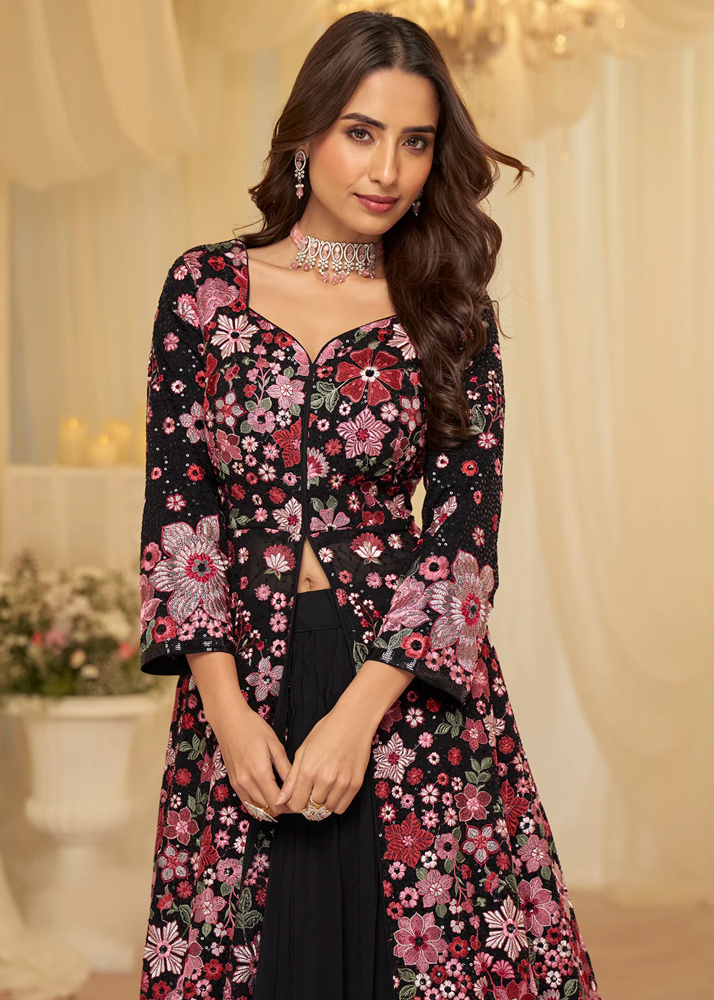 Front Slit Black Lehenga Skirt Anarkali Suit - Image 4