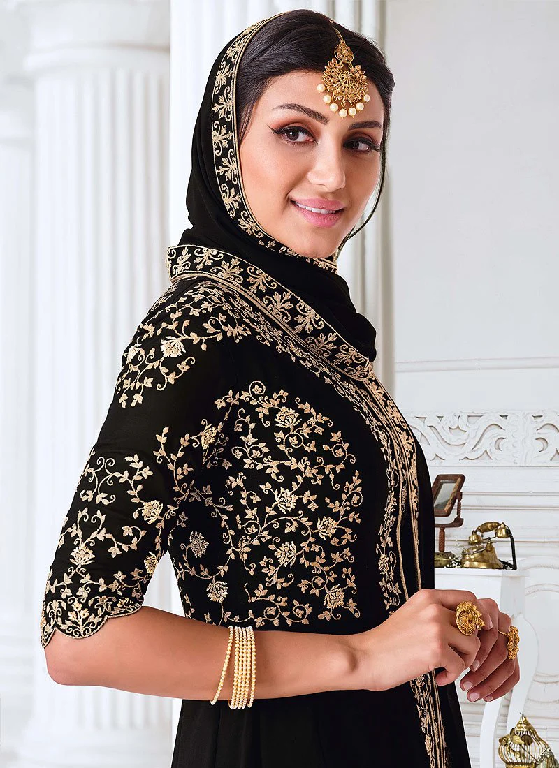 Front Slit Black Zari Embroidered Anarkali Suit - Image 2