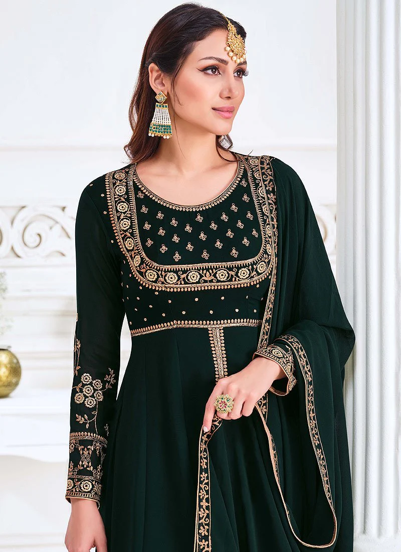 Front Slit Bottle Green Zari Embroidered Anarkali Suit - Image 2