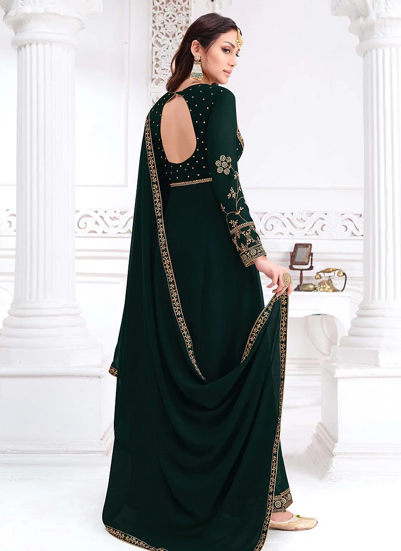 Front Slit Bottle Green Zari Embroidered Anarkali Suit - Image 3