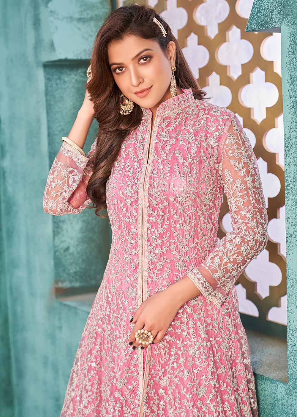 Front Slit Carnation Pink Wedding Wear Anarkali Suit - Image 2