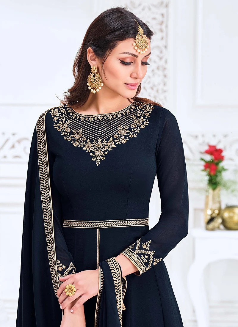 Front Slit Navy Blue Zari Embroidered Anarkali Suit - Image 2