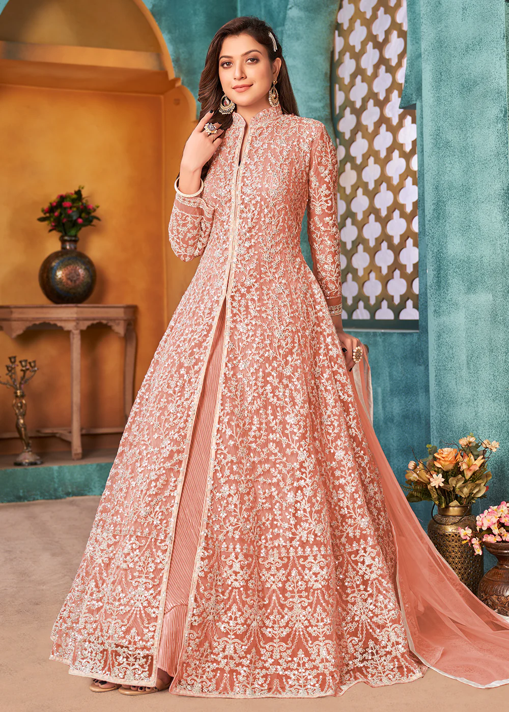Front Slit Peachy Pink Wedding Wear Anarkali Suit - Image 3