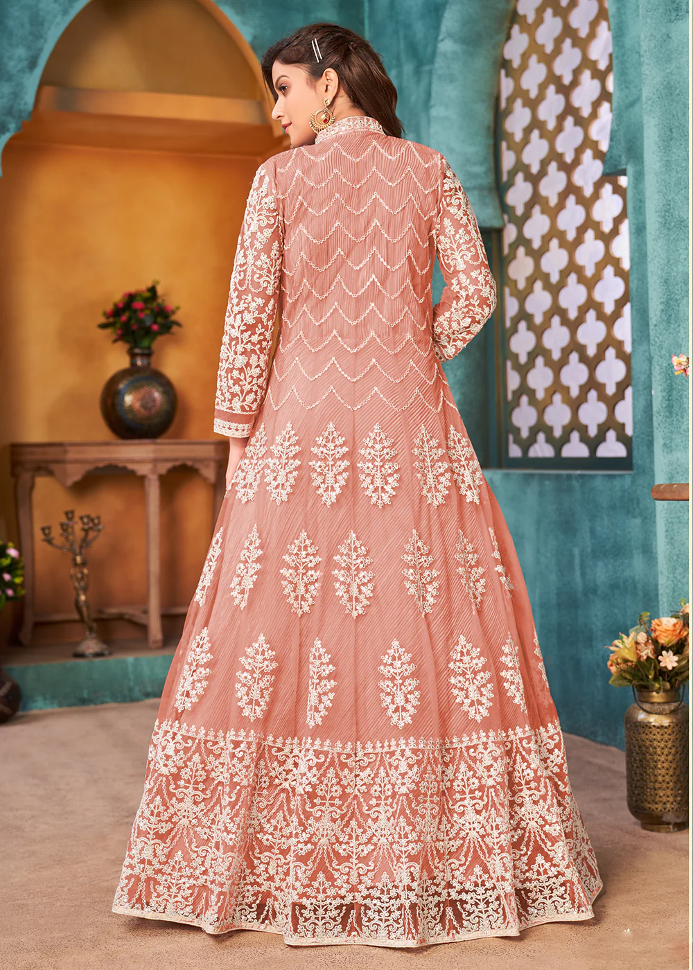 Front Slit Peachy Pink Wedding Wear Anarkali Suit - Image 4
