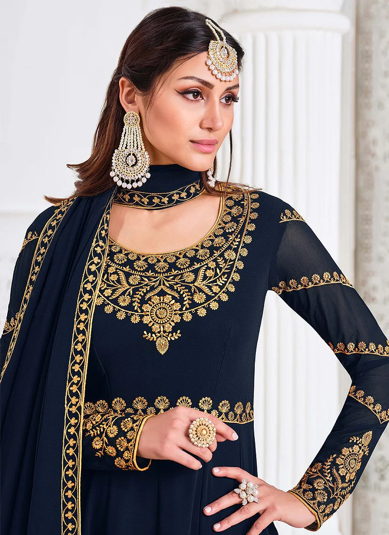 Front Slit Prussian Blue Zari Embroidered Anarkali Suit - Image 2