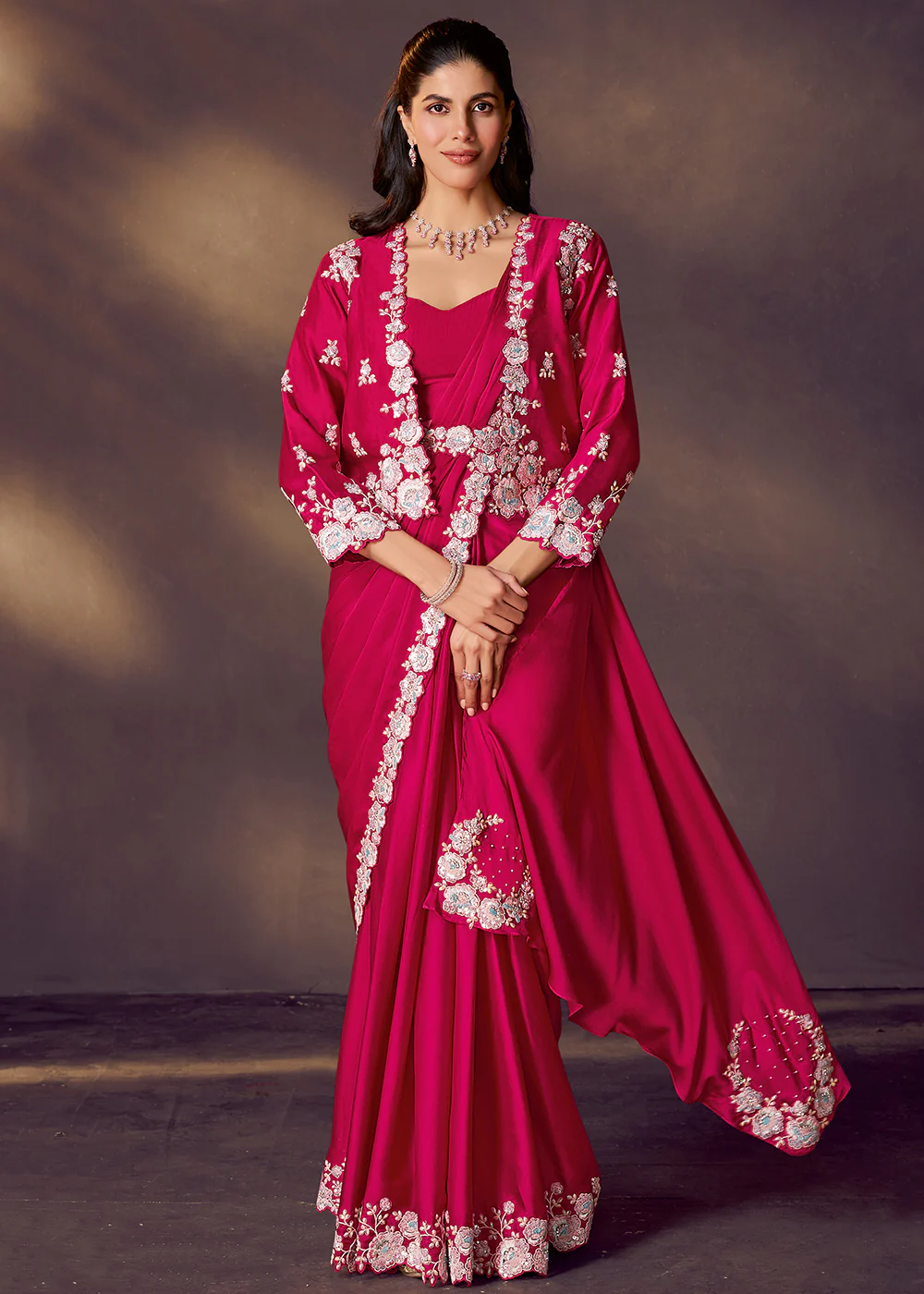 Fuchsia Pink Designer Party Style Pre Draped Saree