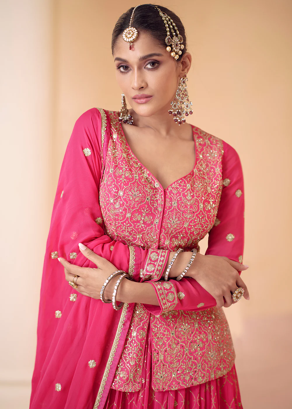 Fuchsia Pink Embroidered Georgette Designer Lehenga Kurta - Image 2