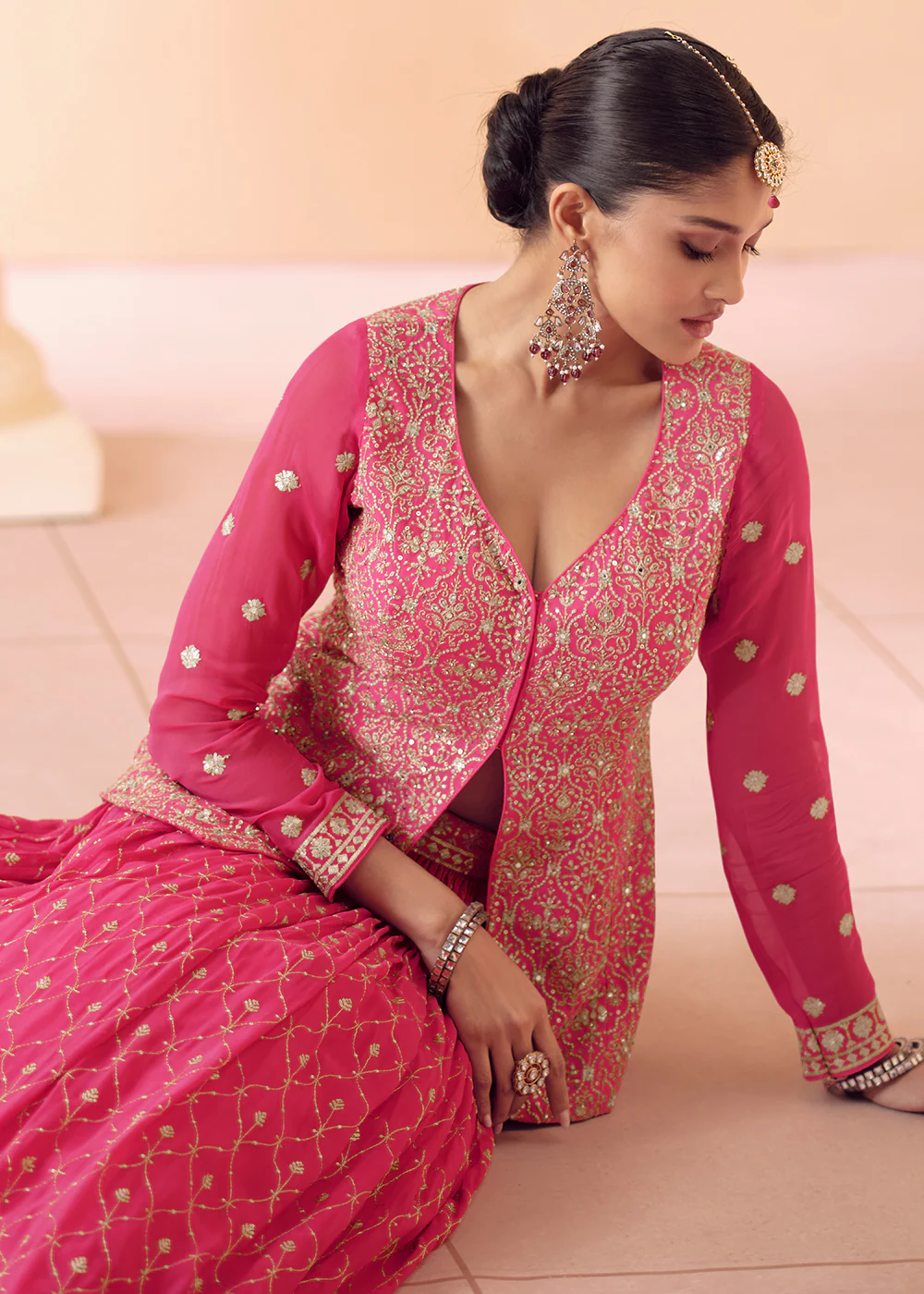 Fuchsia Pink Embroidered Georgette Designer Lehenga Kurta - Image 3