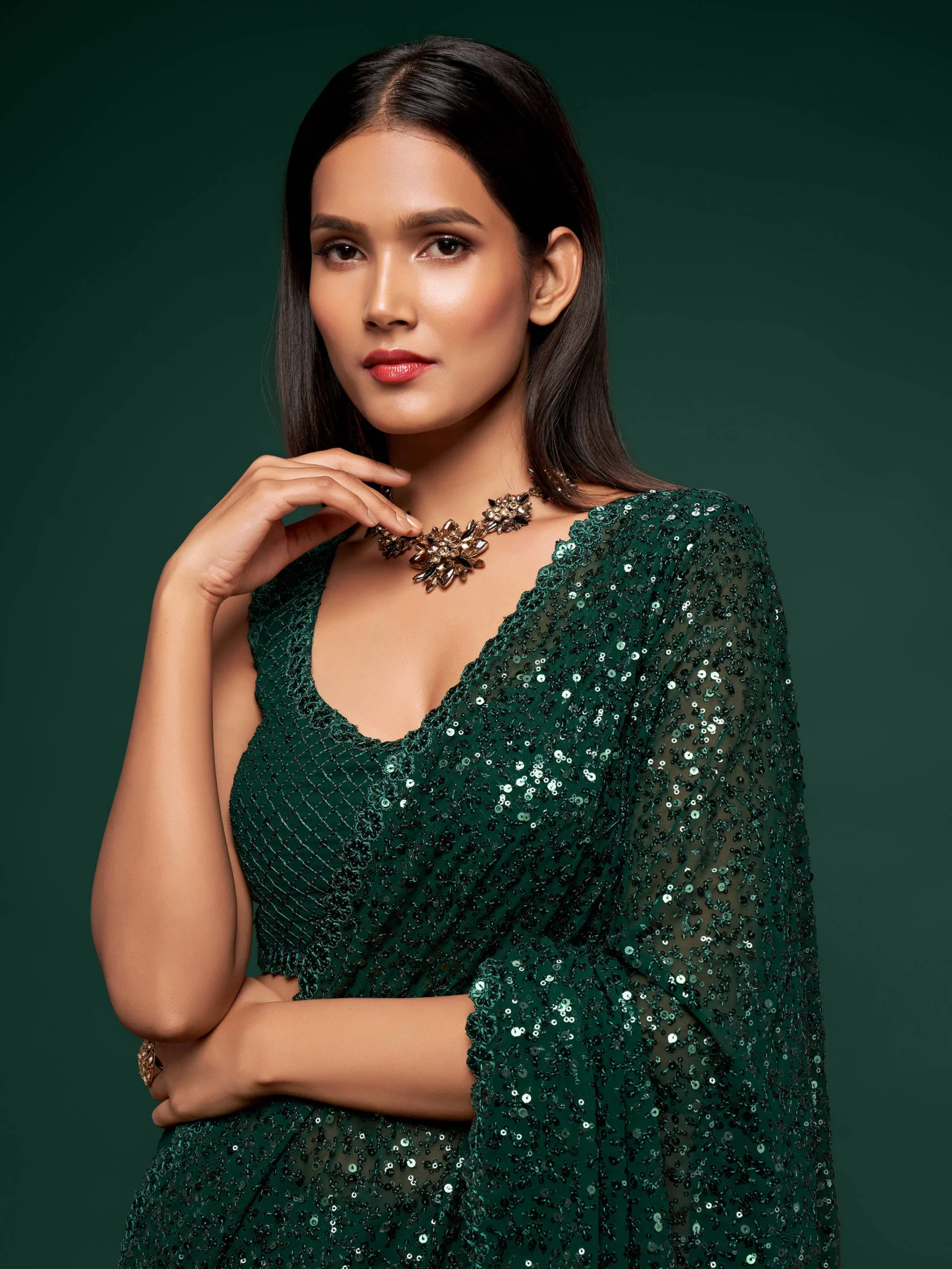 Fully Sequined Bottle Green Georgette Designer Saree - Image 2