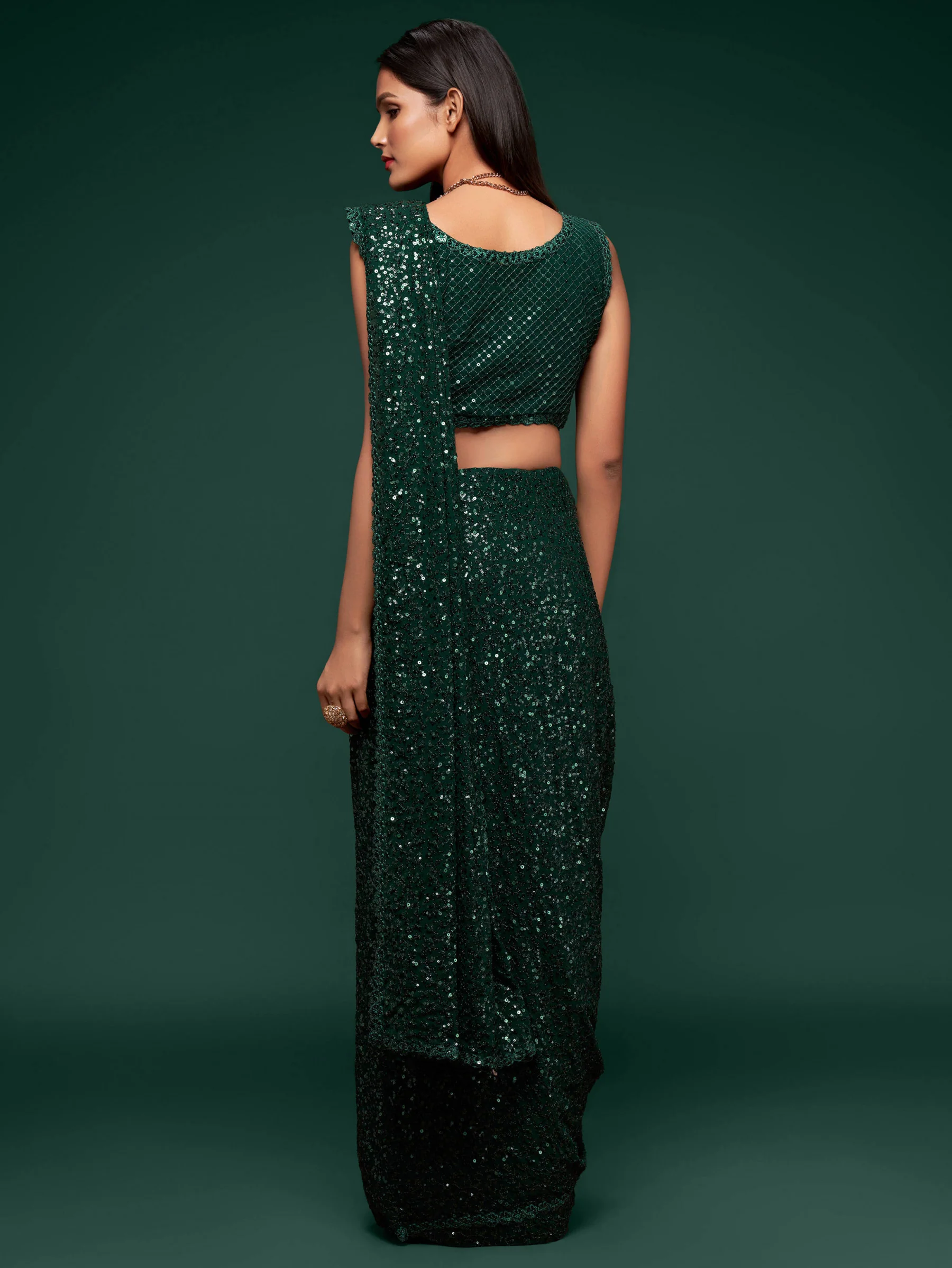 Fully Sequined Bottle Green Georgette Designer Saree - Image 3