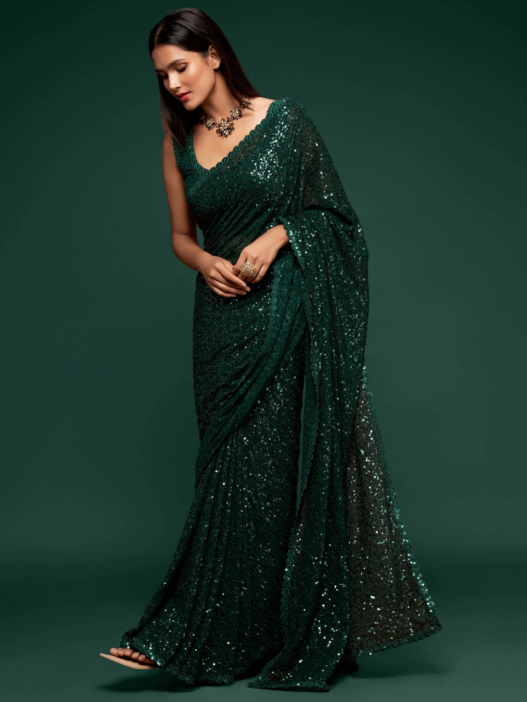 Fully Sequined Bottle Green Georgette Designer Saree - Image 4