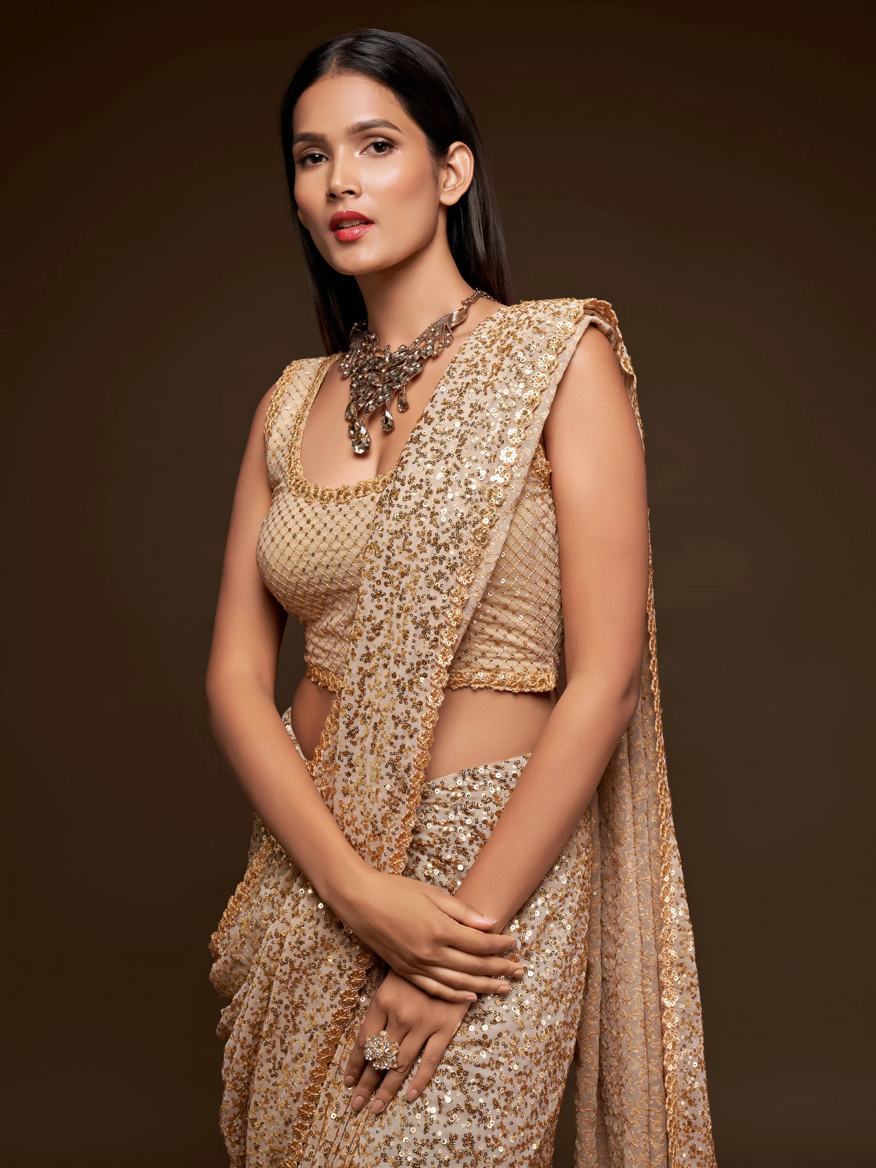 Fully Sequined Ivory Beige Georgette Designer Saree - Image 2