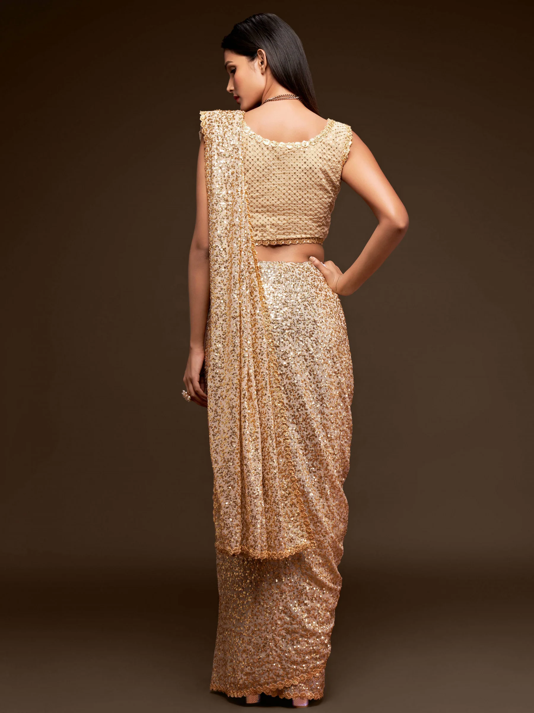 Fully Sequined Ivory Beige Georgette Designer Saree - Image 3
