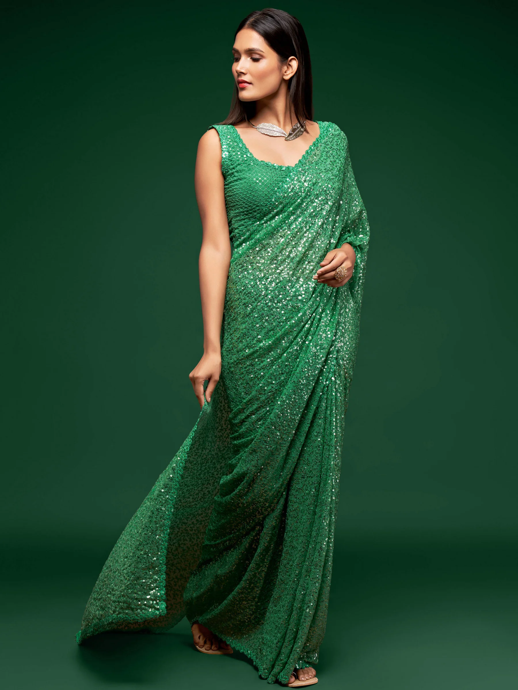 Fully Sequined Mint Green Georgette Designer Saree - Image 3