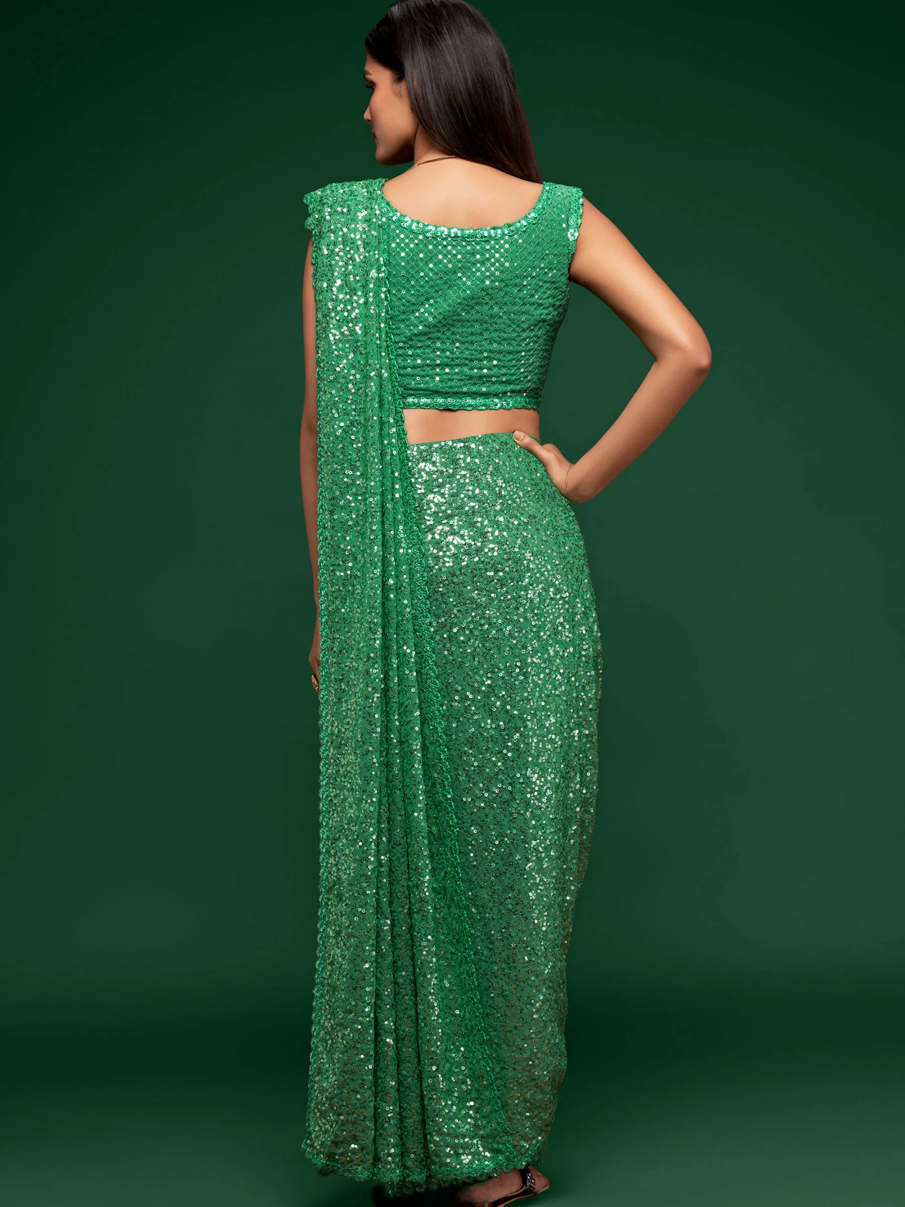 Fully Sequined Mint Green Georgette Designer Saree - Image 4