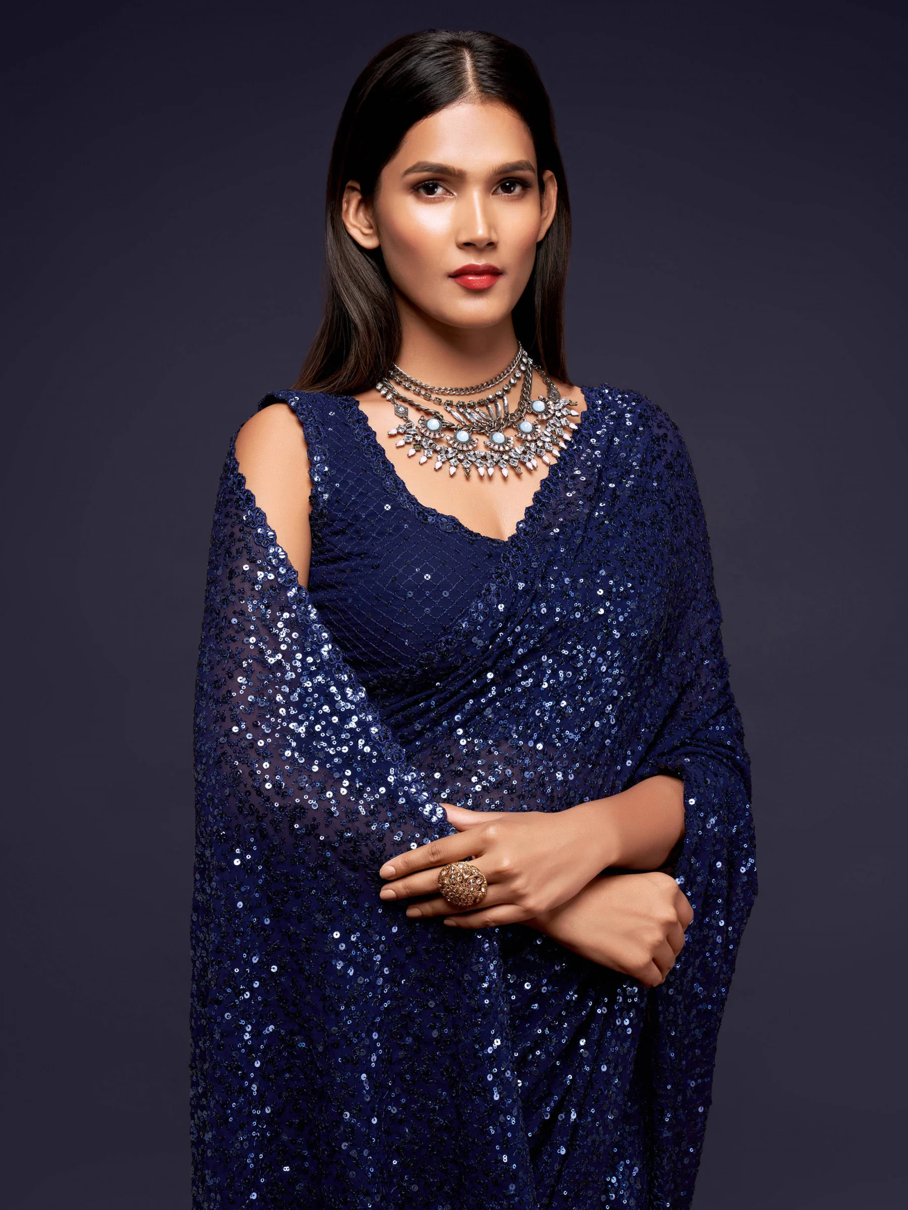 Fully Sequined Navy Blue Georgette Designer Saree - Image 2