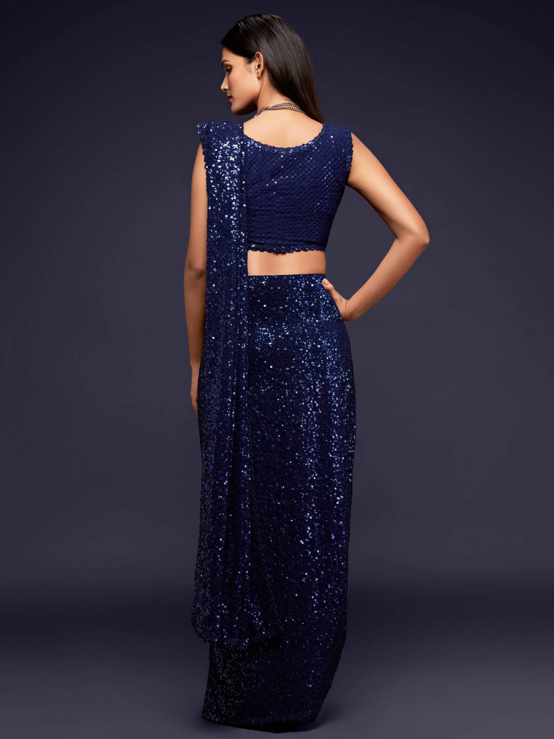 Fully Sequined Navy Blue Georgette Designer Saree - Image 3