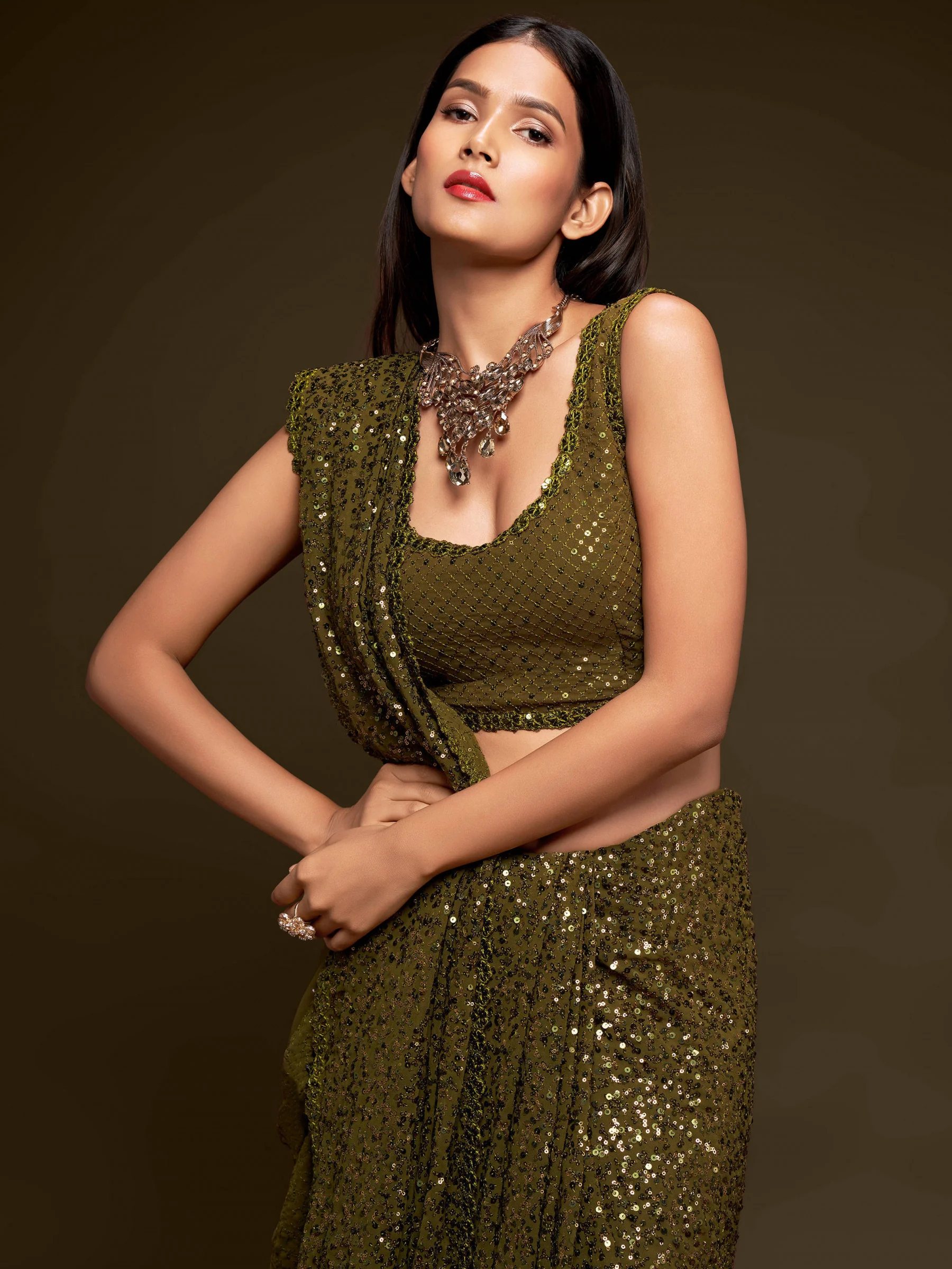Fully Sequined Olive Green Georgette Designer Saree - Image 2