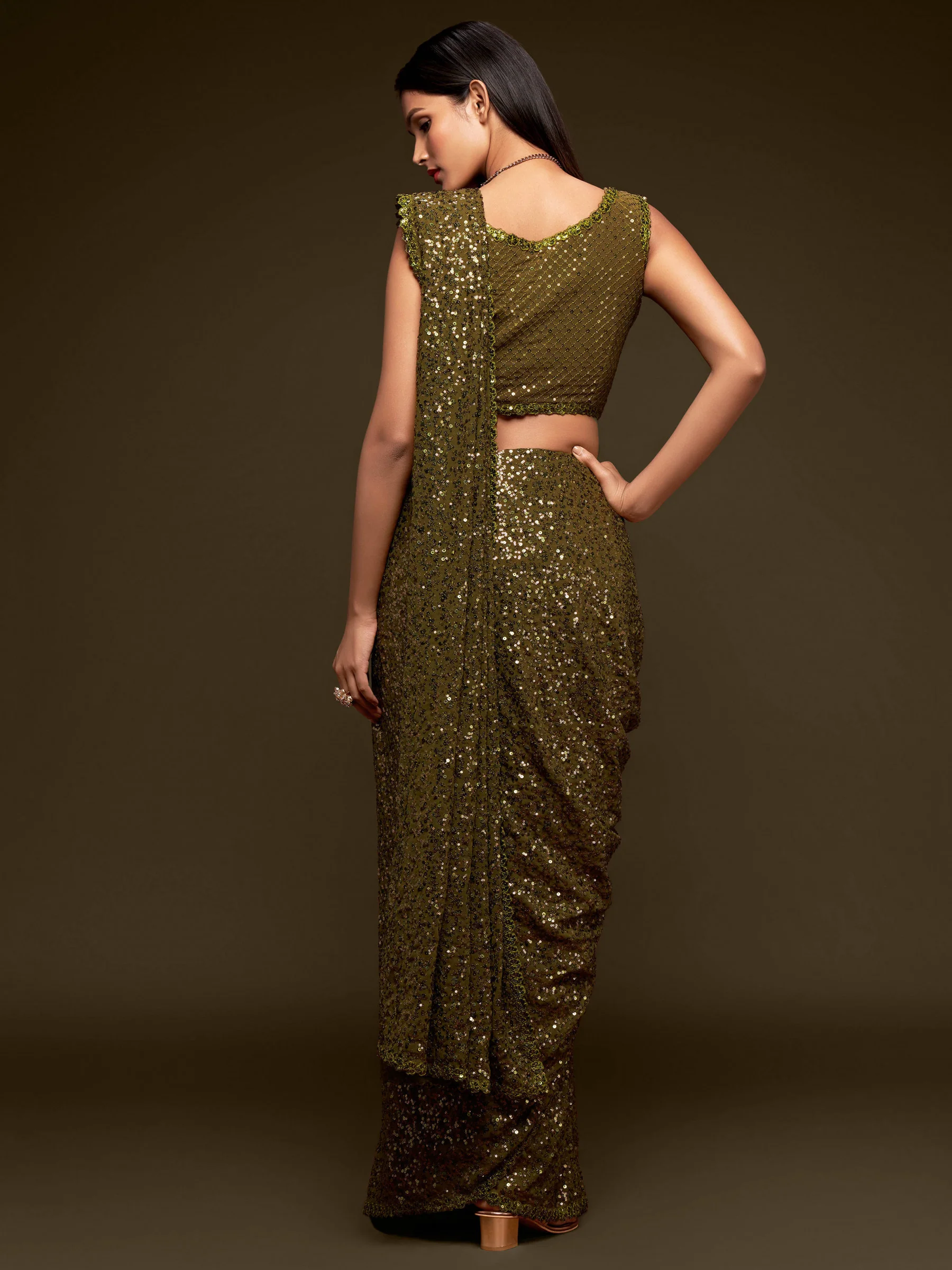 Fully Sequined Olive Green Georgette Designer Saree - Image 3