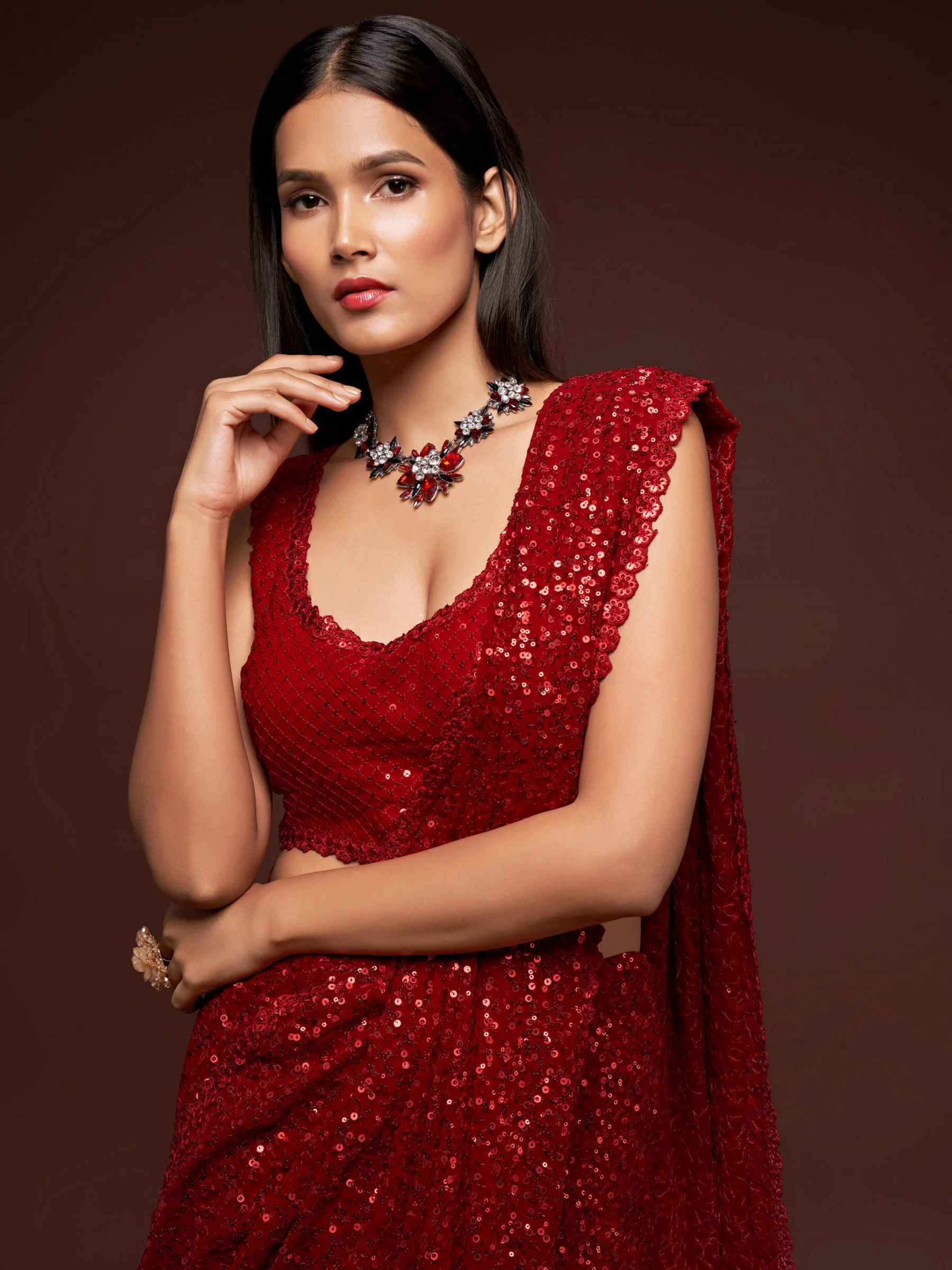 Fully Sequined Party Red Georgette Designer Saree - Image 2