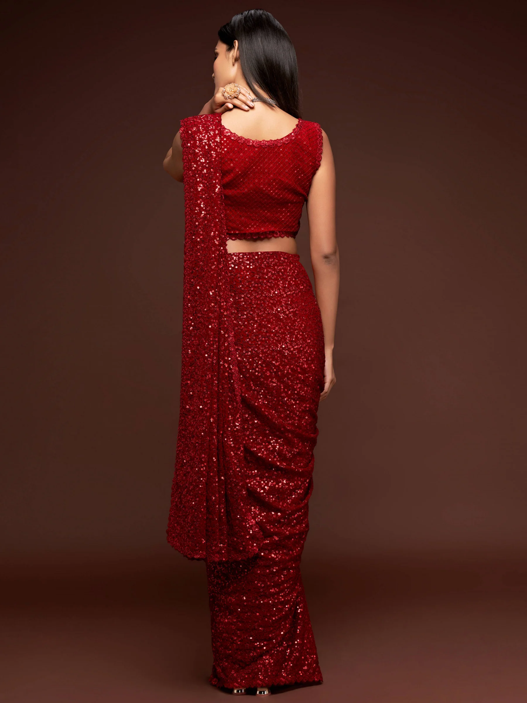 Fully Sequined Party Red Georgette Designer Saree - Image 3