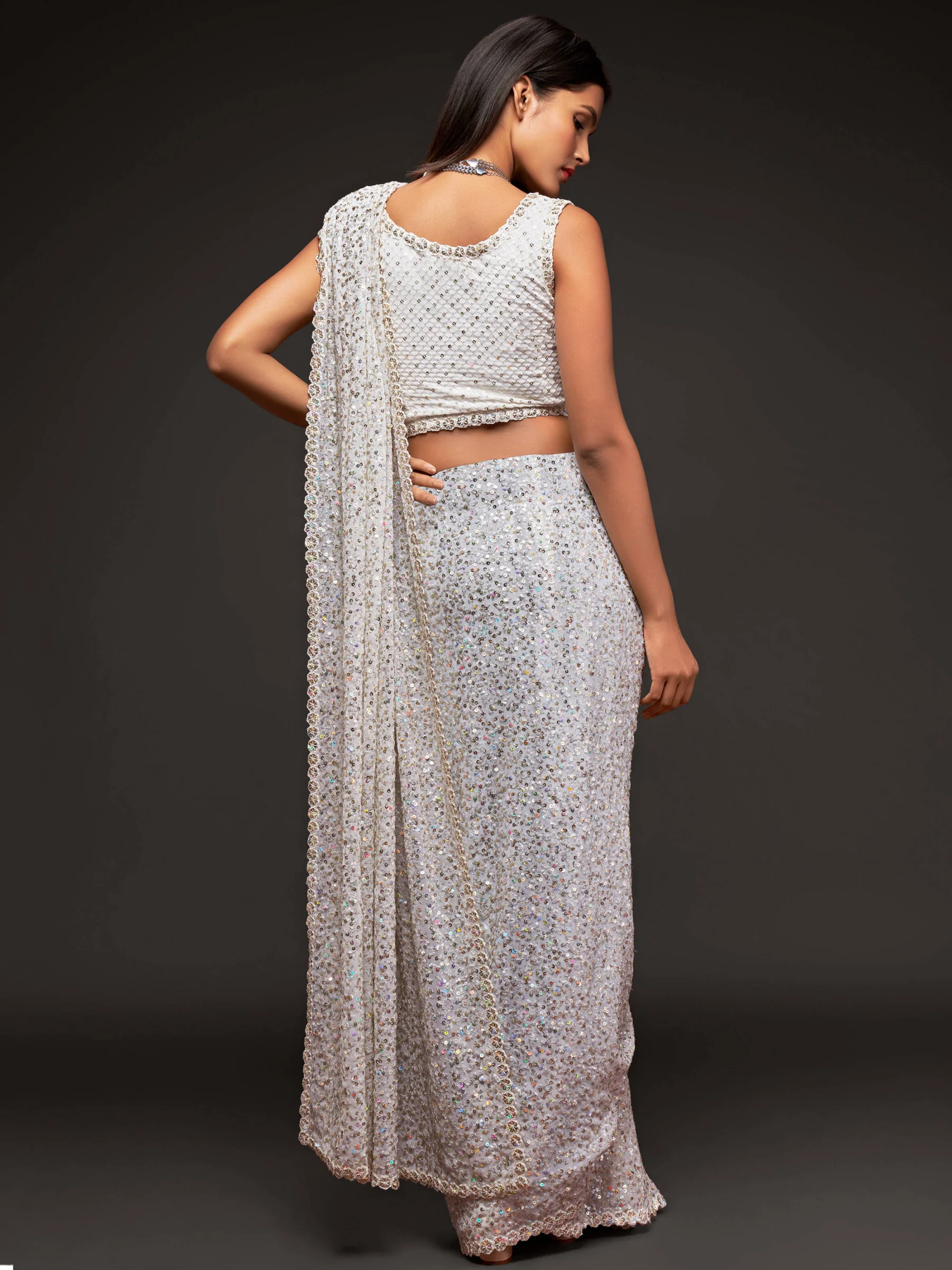 Fully Sequined Pearl White Georgette Designer Saree - Image 3