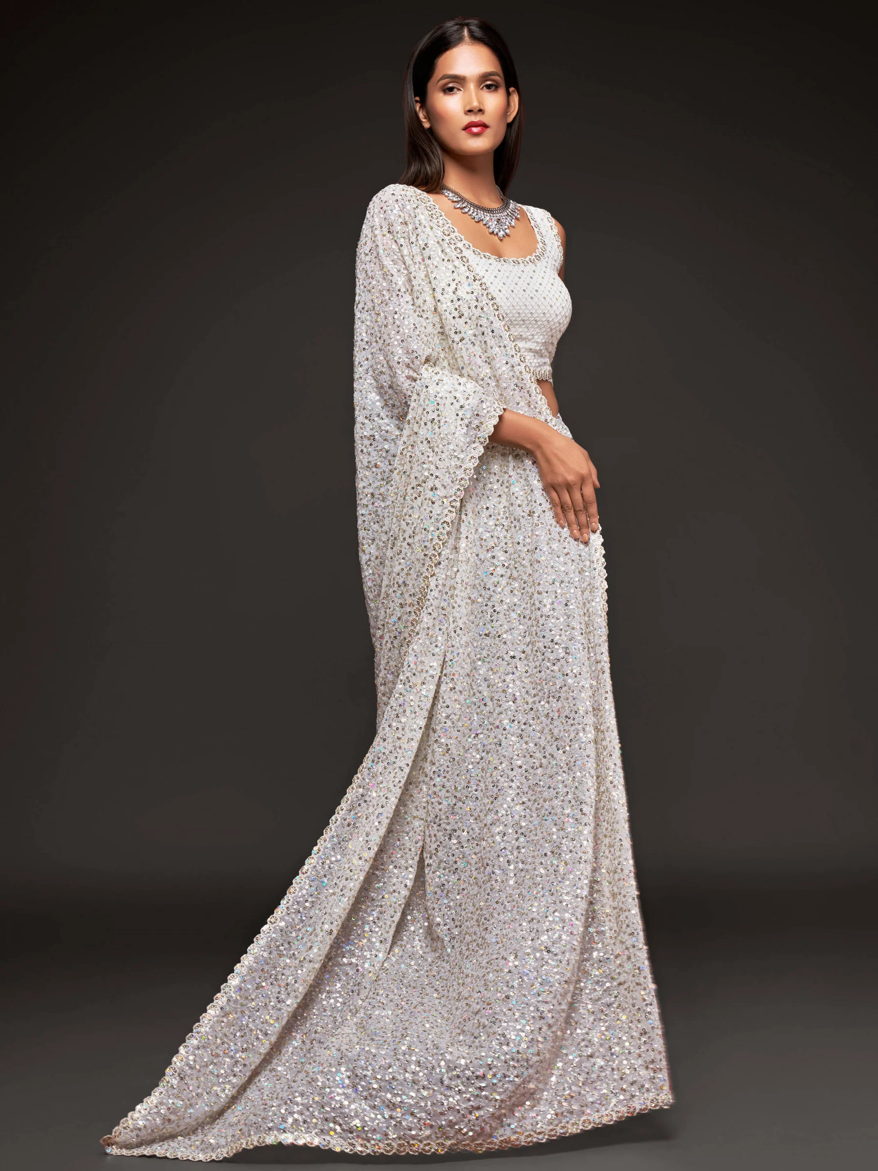 Fully Sequined Pearl White Georgette Designer Saree - Image 4
