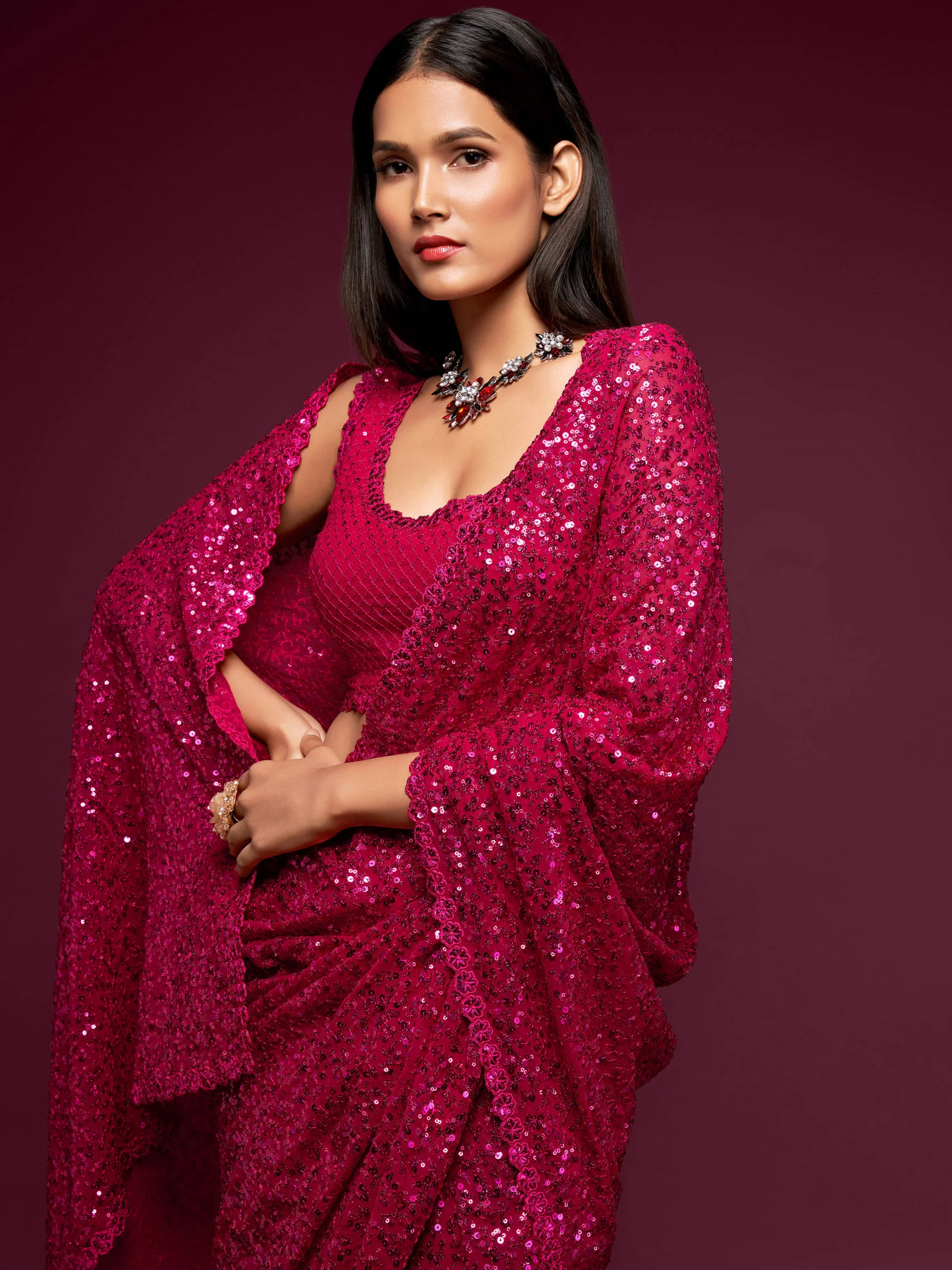 Fully Sequined Ruby Pink Georgette Designer Saree - Image 2