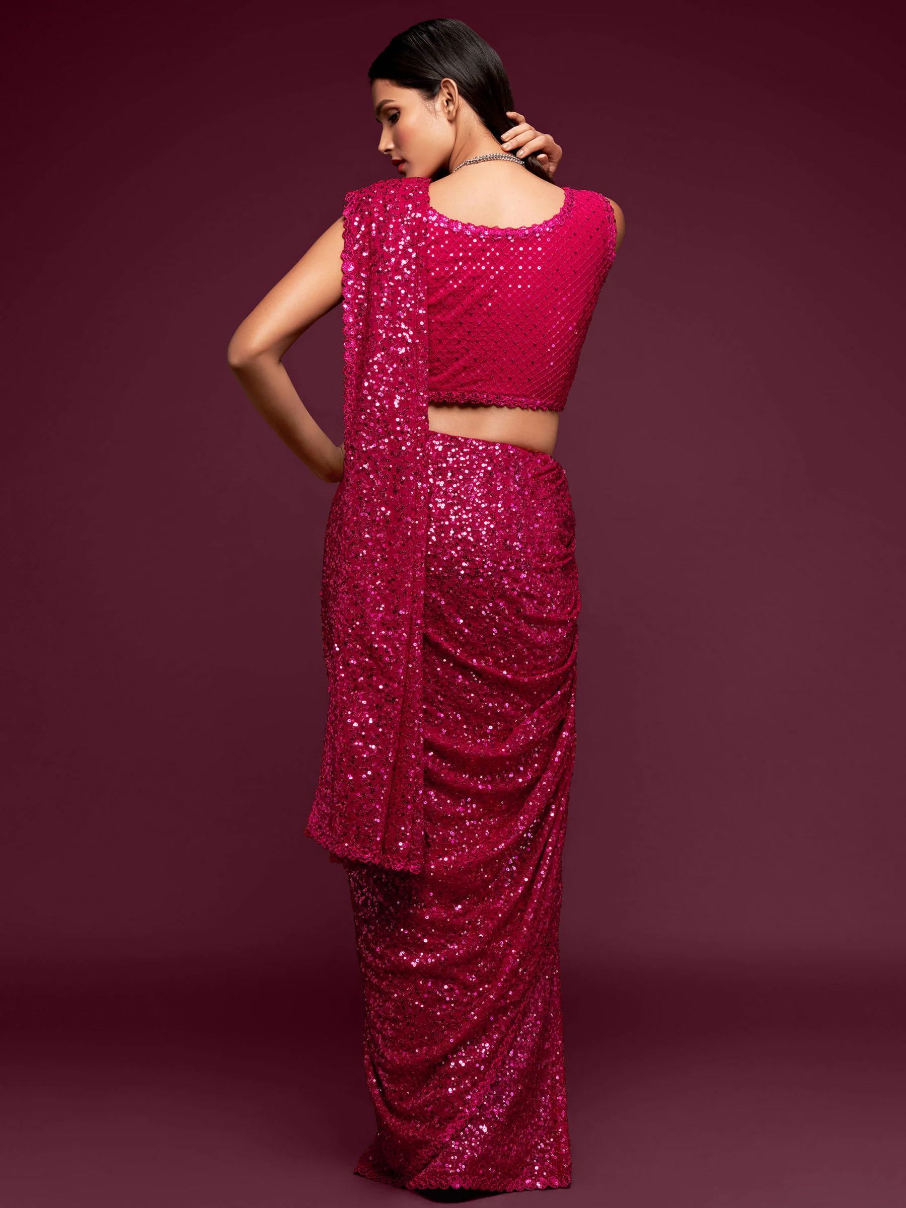 Fully Sequined Ruby Pink Georgette Designer Saree - Image 3