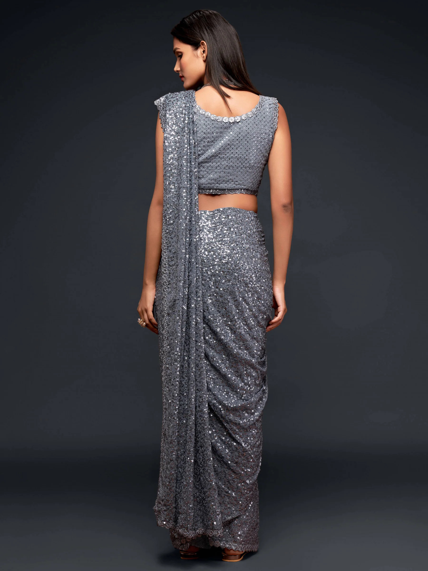 Fully Sequined Steel Grey Georgette Designer Saree - Image 3