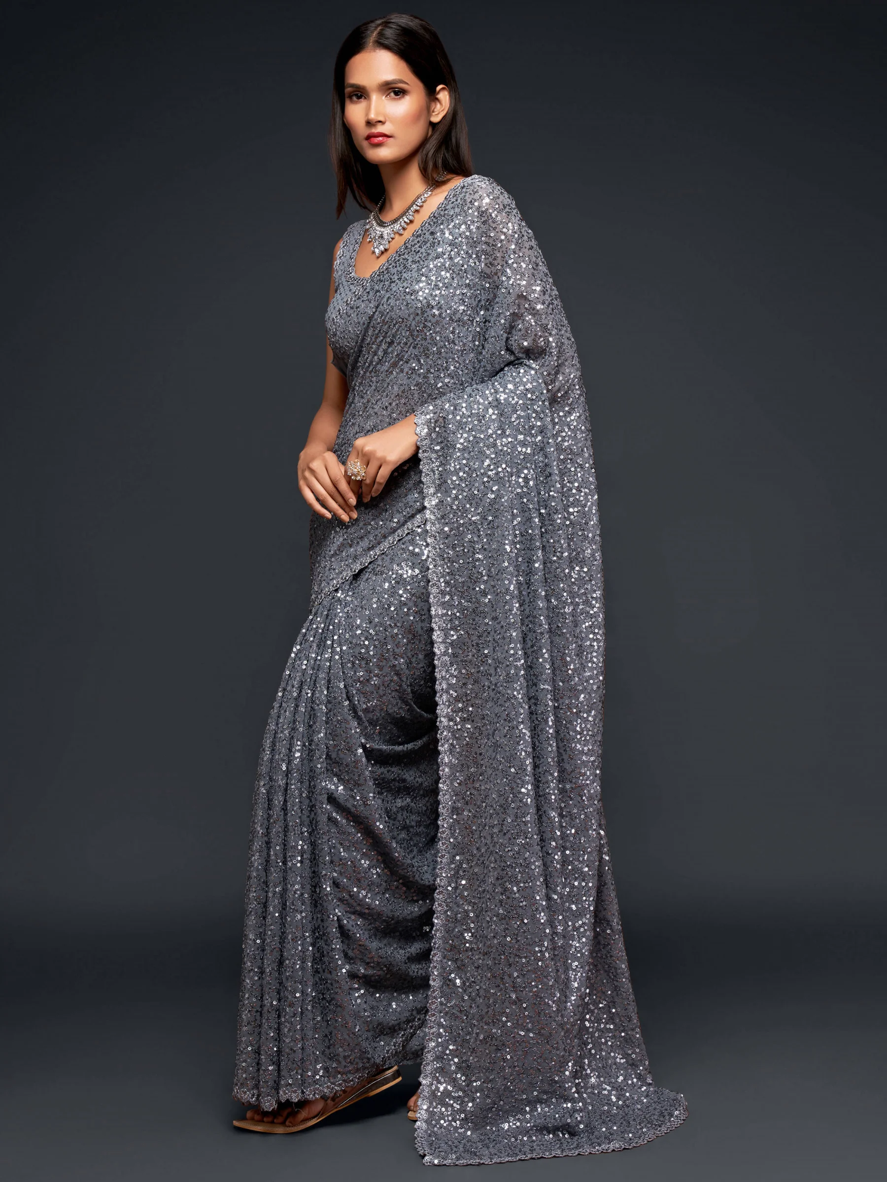 Fully Sequined Steel Grey Georgette Designer Saree - Image 4