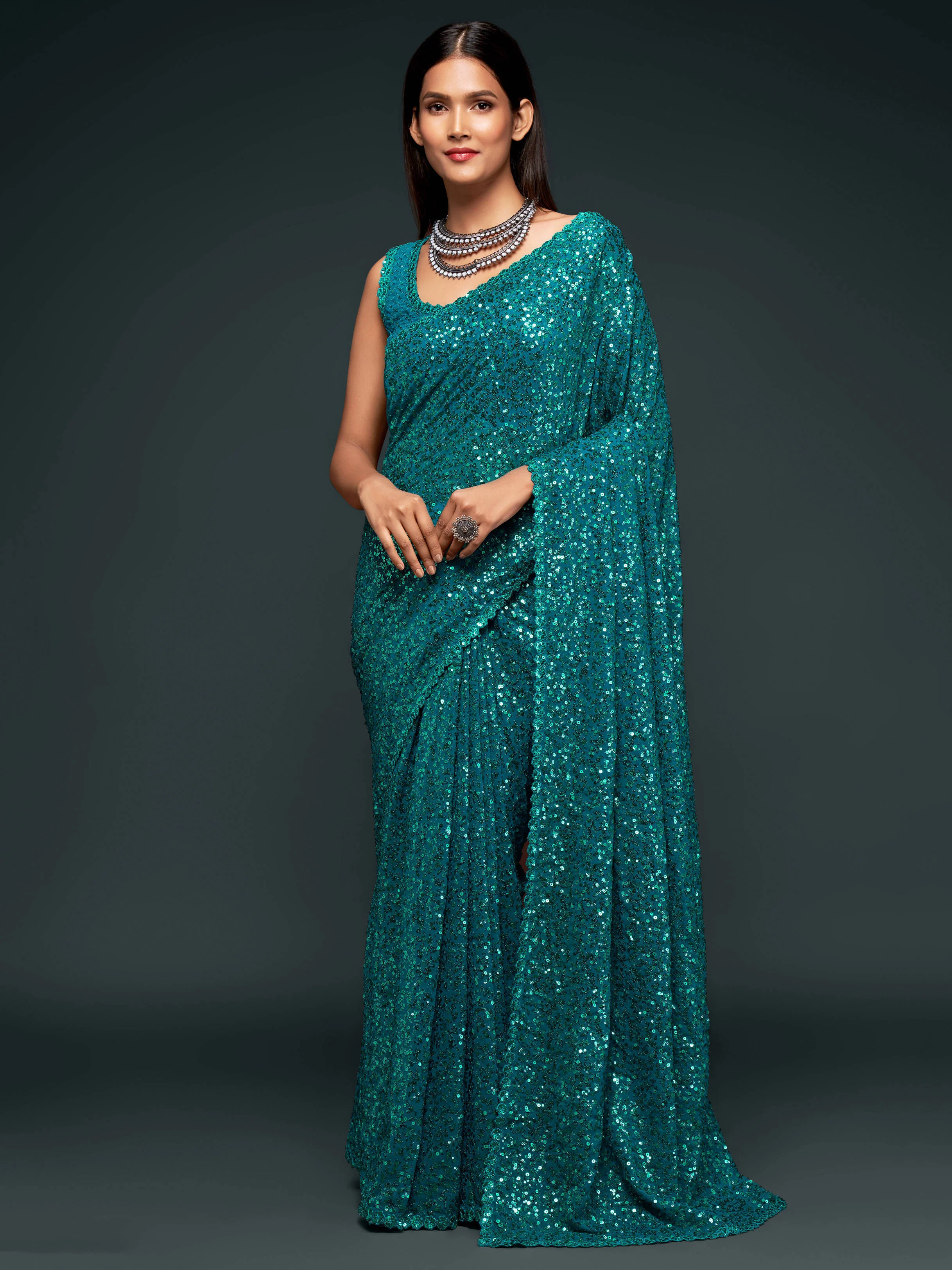 Fully Sequined Teal Blue Georgette Designer Saree