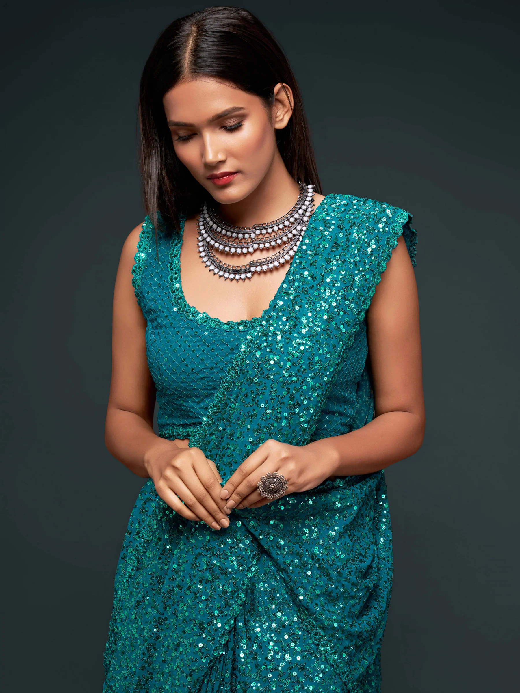 Fully Sequined Teal Blue Georgette Designer Saree - Image 2