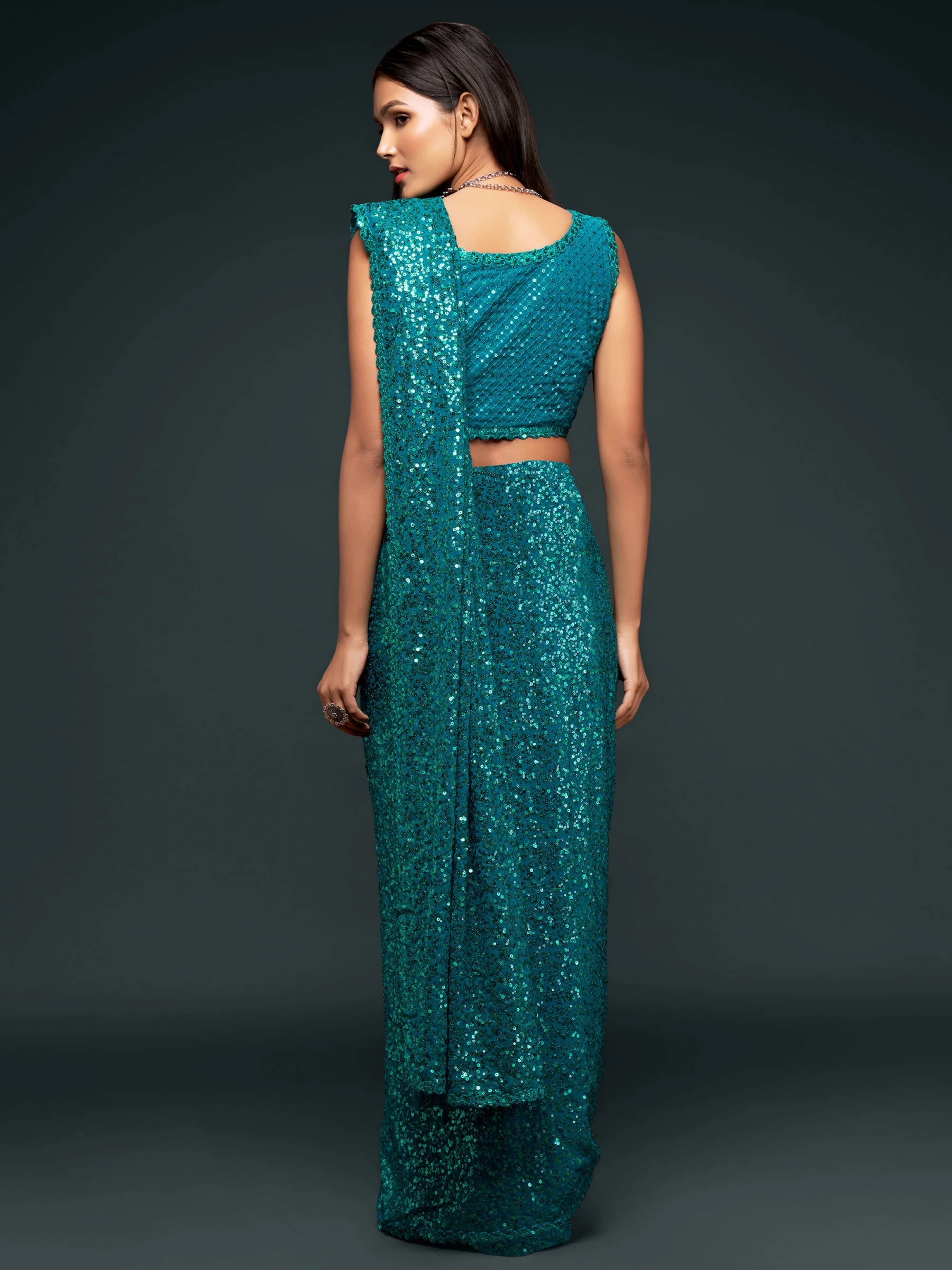 Fully Sequined Teal Blue Georgette Designer Saree - Image 3