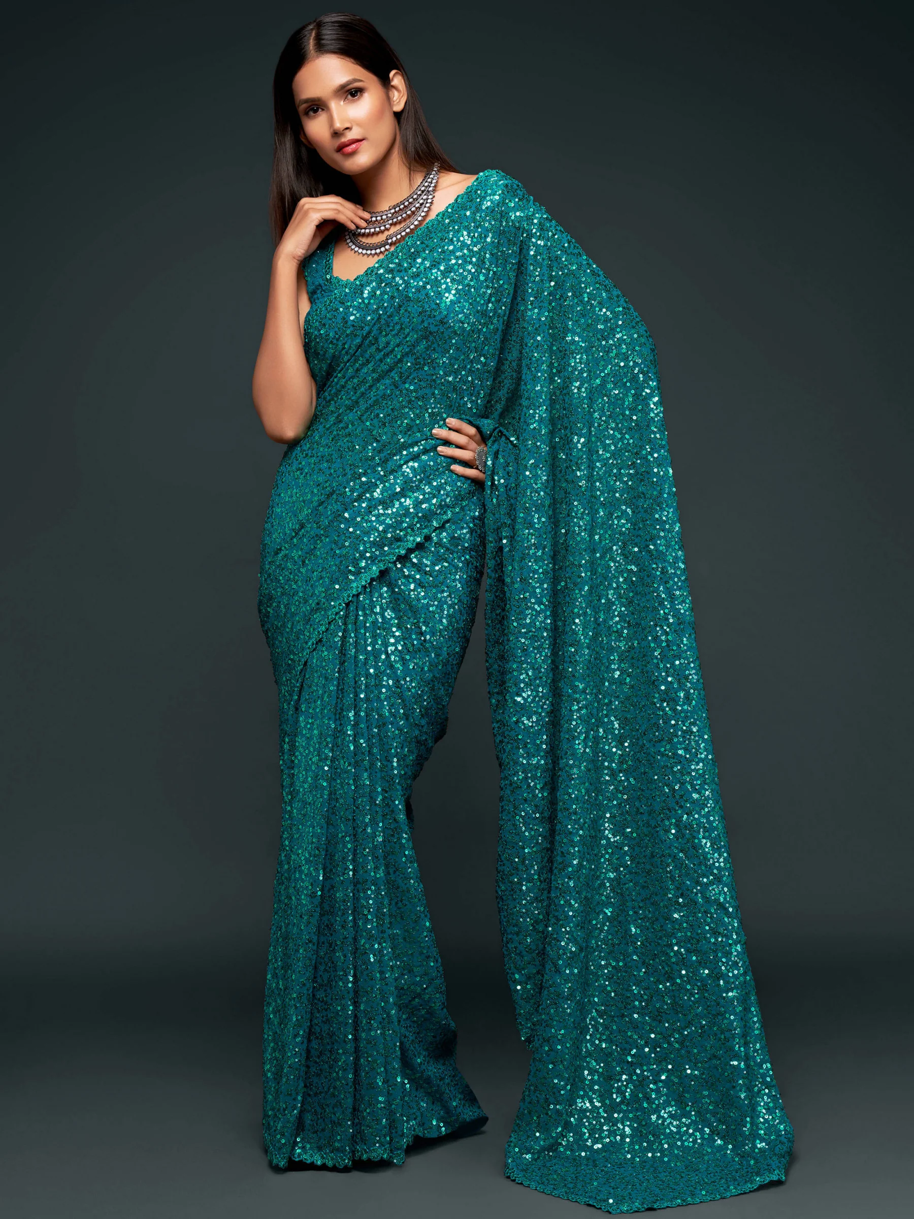 Fully Sequined Teal Blue Georgette Designer Saree - Image 4
