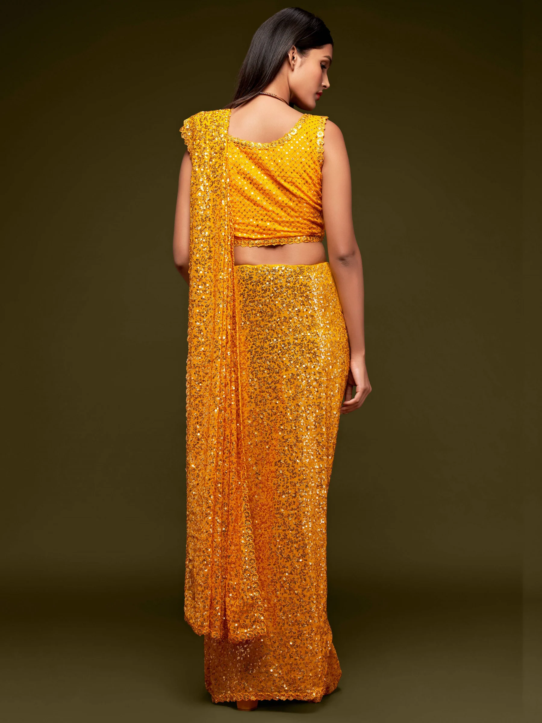Fully Sequined Turmeric Yellow Georgette Designer Saree - Image 3