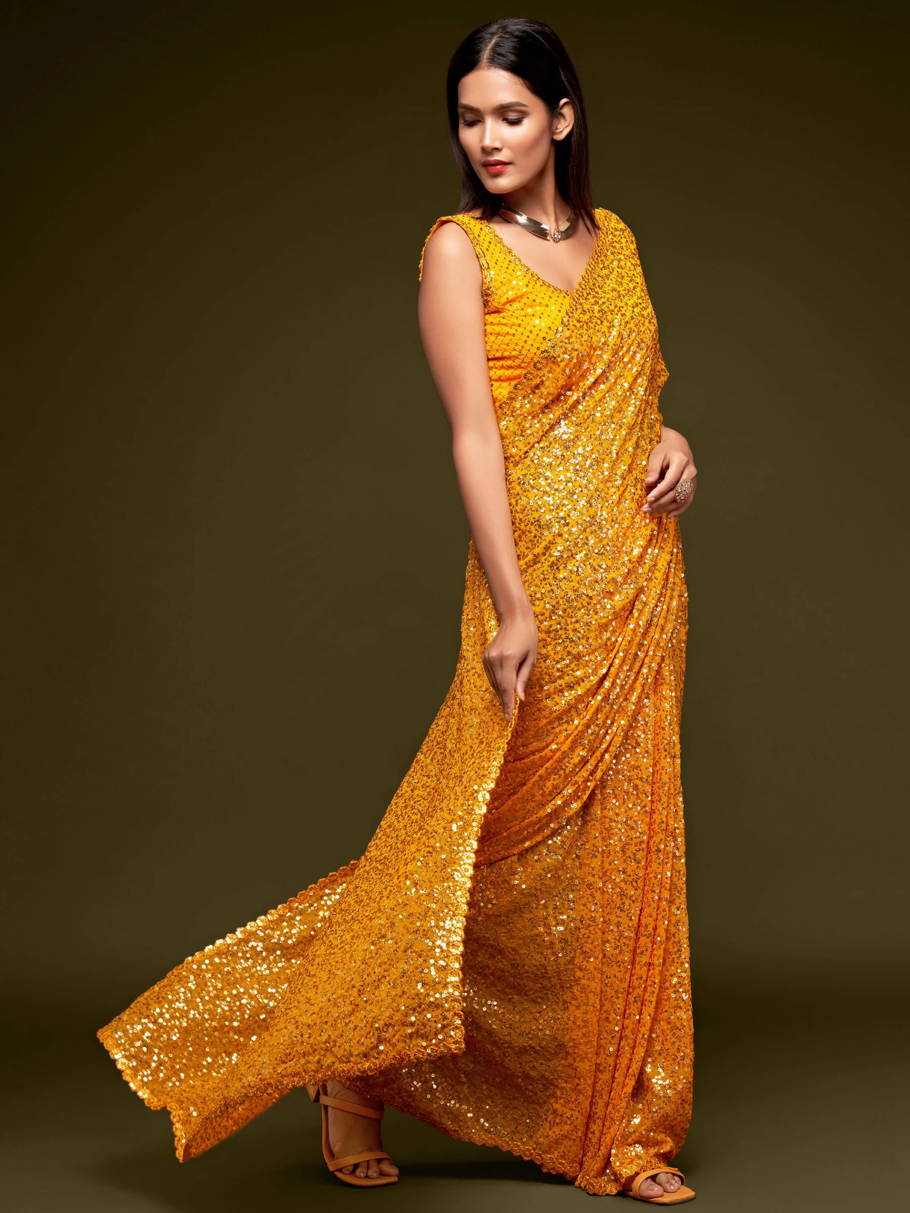 Fully Sequined Turmeric Yellow Georgette Designer Saree - Image 4