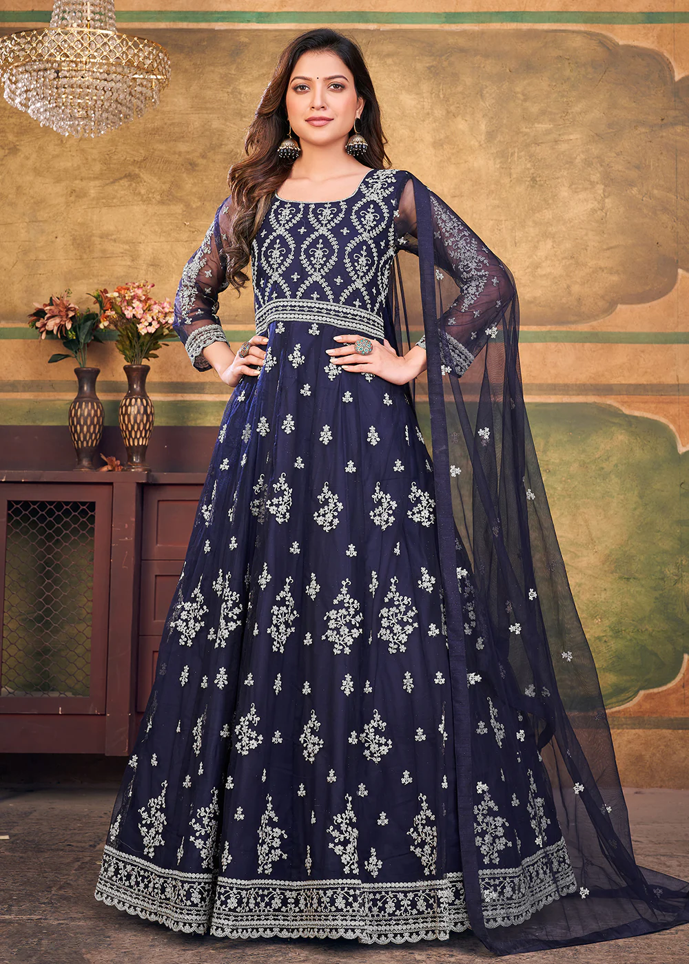 Function Look Beatific Navy Blue Net Anarkali Suit