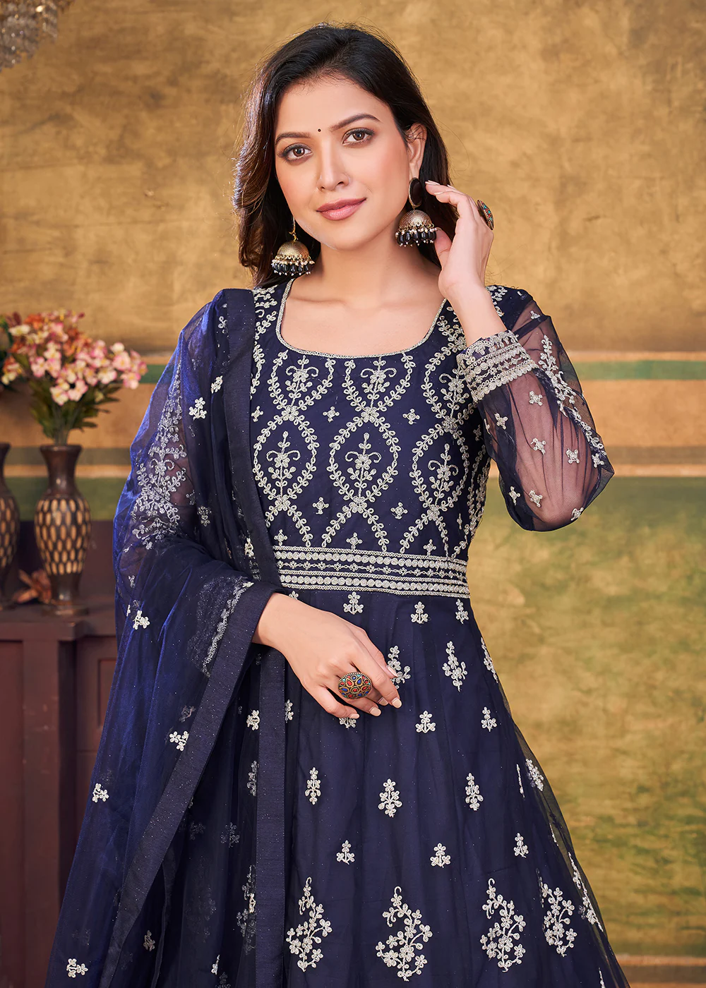 Function Look Beatific Navy Blue Net Anarkali Suit - Image 2