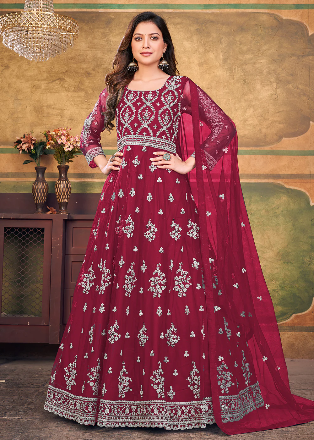 Function Look Beguiling Hot Maroon Net Anarkali Suit