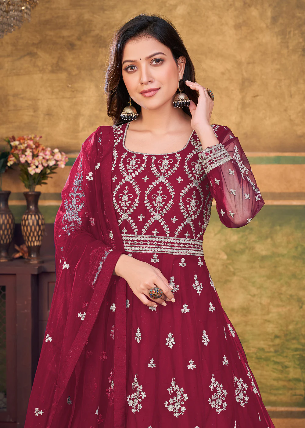 Function Look Beguiling Hot Maroon Net Anarkali Suit - Image 2