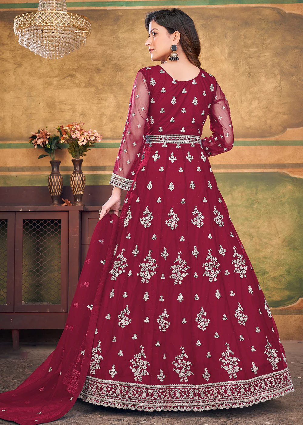 Function Look Beguiling Hot Maroon Net Anarkali Suit - Image 3