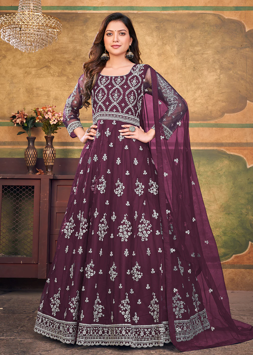 Function Look Classic Wine Plum Net Anarkali Suit