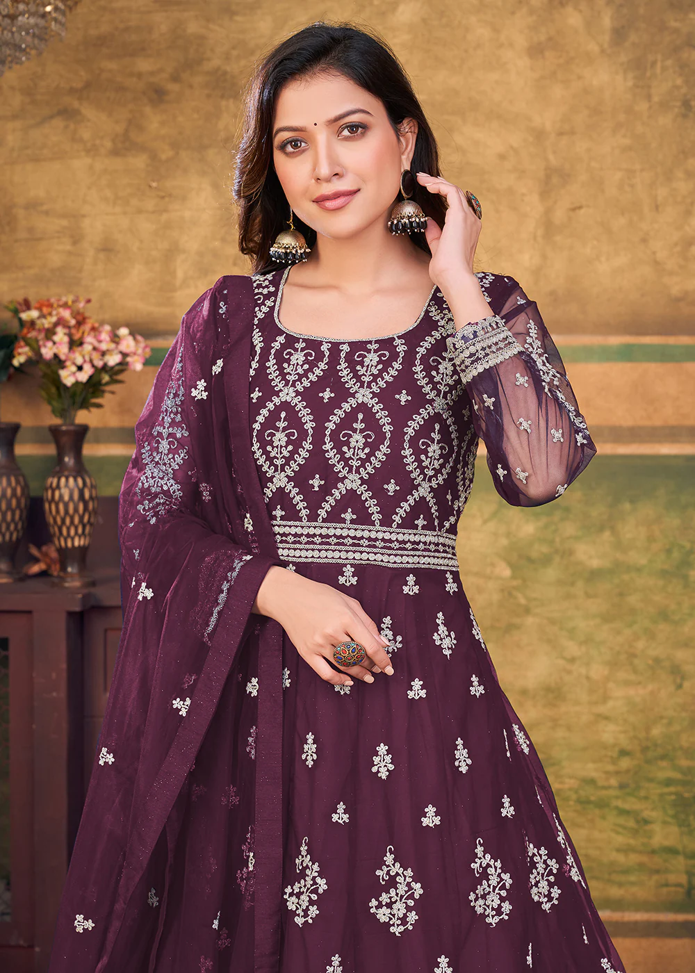 Function Look Classic Wine Plum Net Anarkali Suit - Image 2