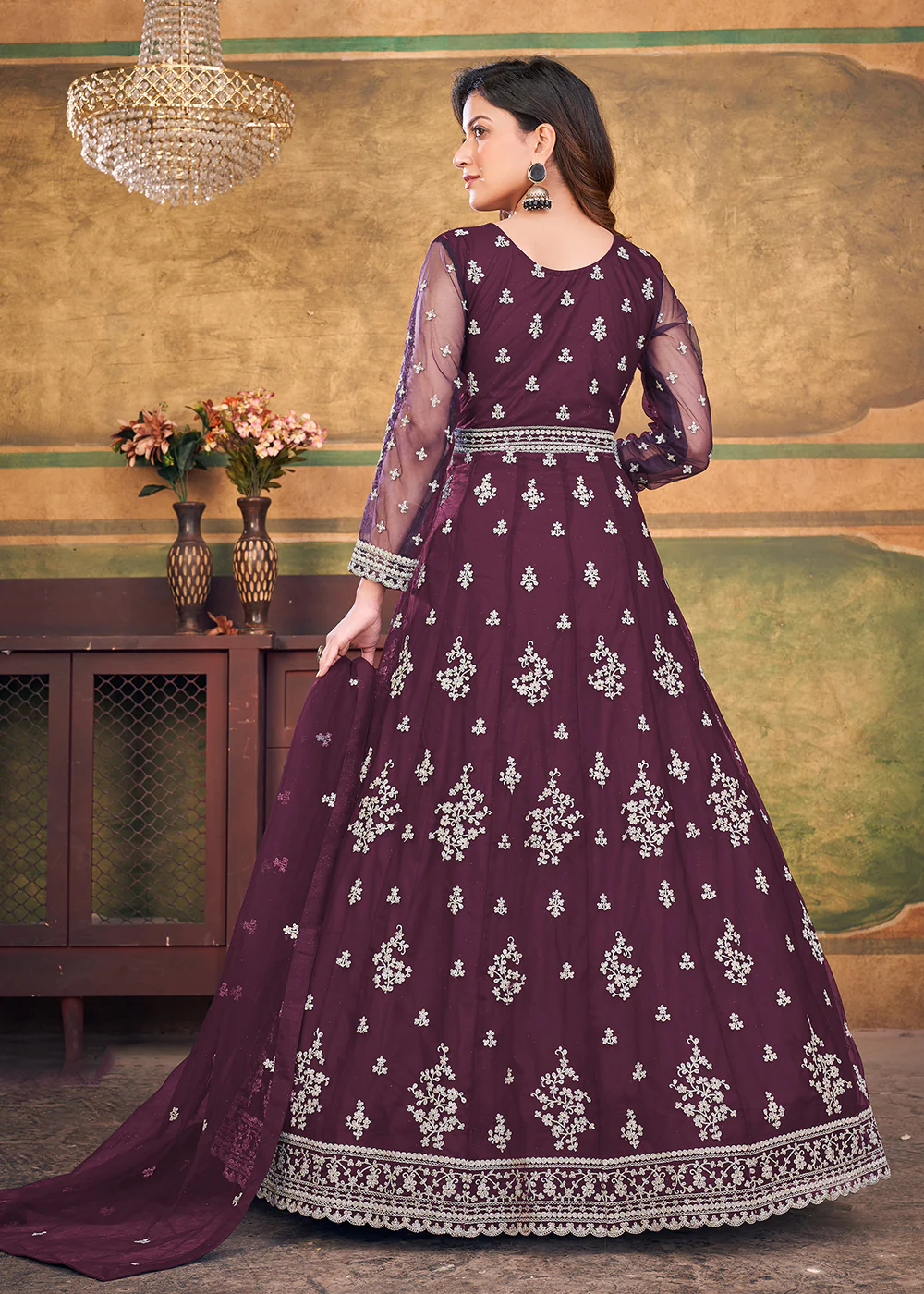 Function Look Classic Wine Plum Net Anarkali Suit - Image 3