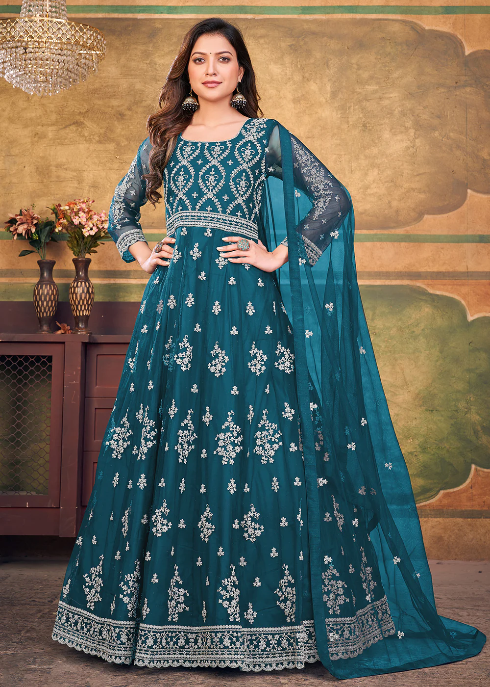 Function Look Engaging Teal Blue Net Anarkali Suit