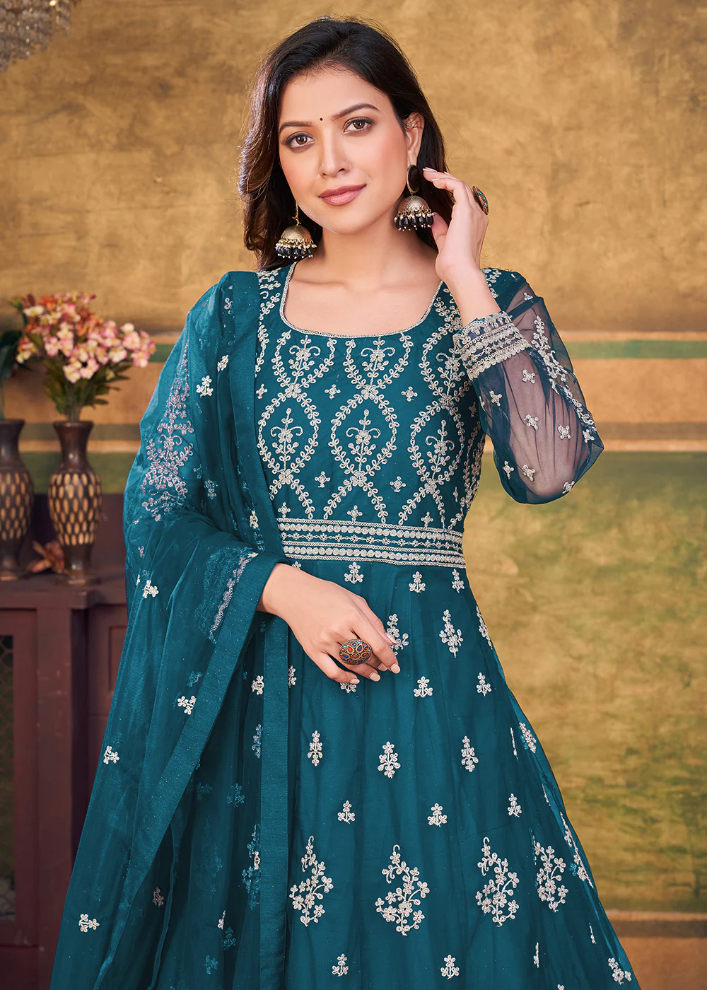 Function Look Engaging Teal Blue Net Anarkali Suit - Image 2