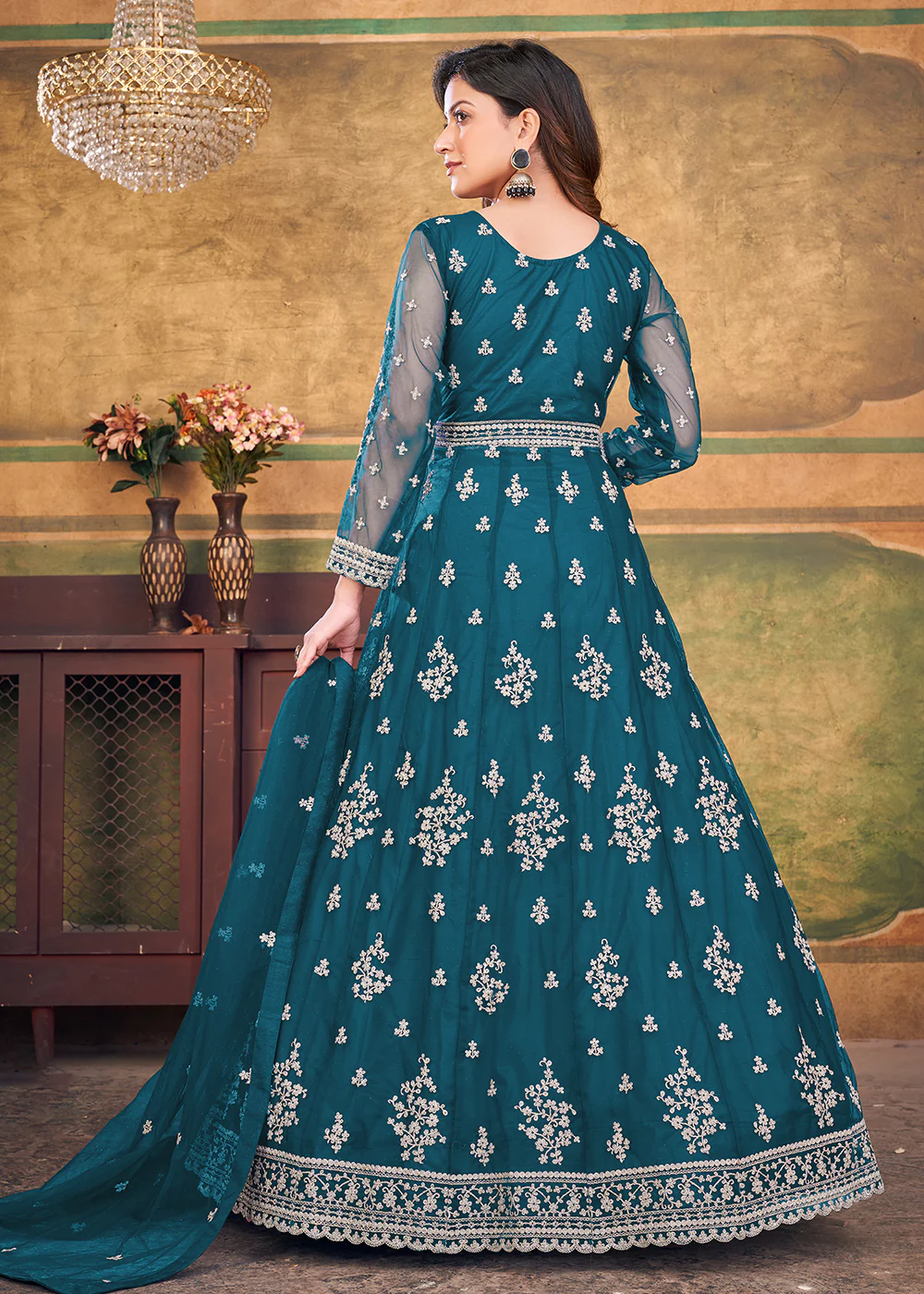 Function Look Engaging Teal Blue Net Anarkali Suit - Image 3