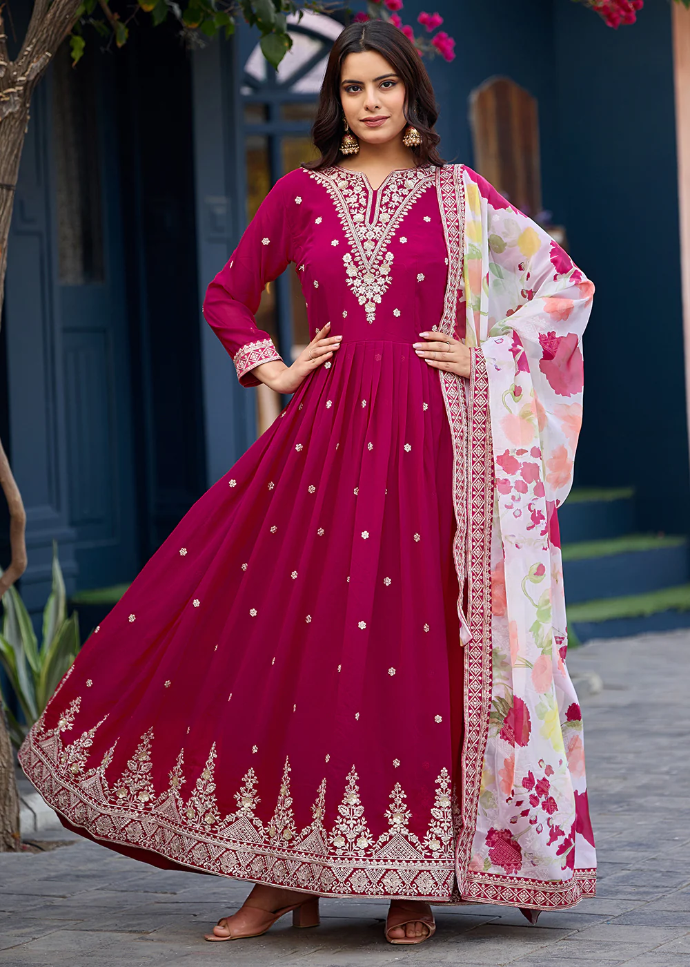 Function Style Pink Faux Georgette Embroidered Anarkali Gown